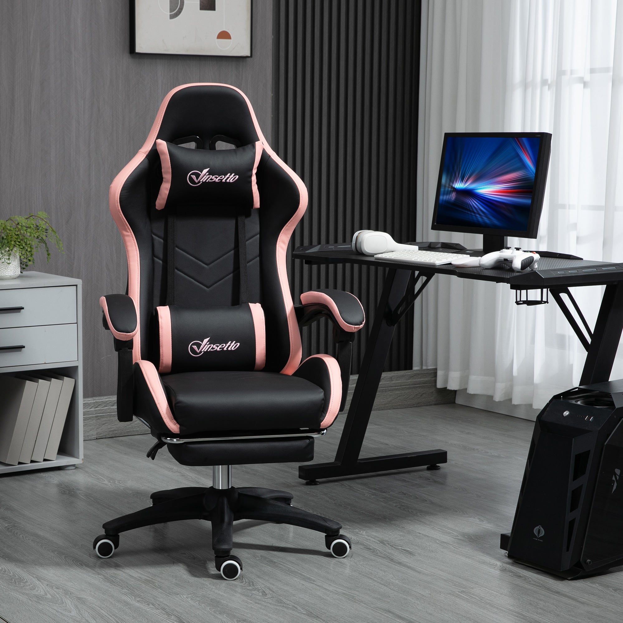 Vinsetto Computer Gaming Chair, PU Leather Desk Chair with Footrest, Swivel Task Chair with 135° Reclining Back and Lumbar Support, PC Chair for Adults, Black and Pink