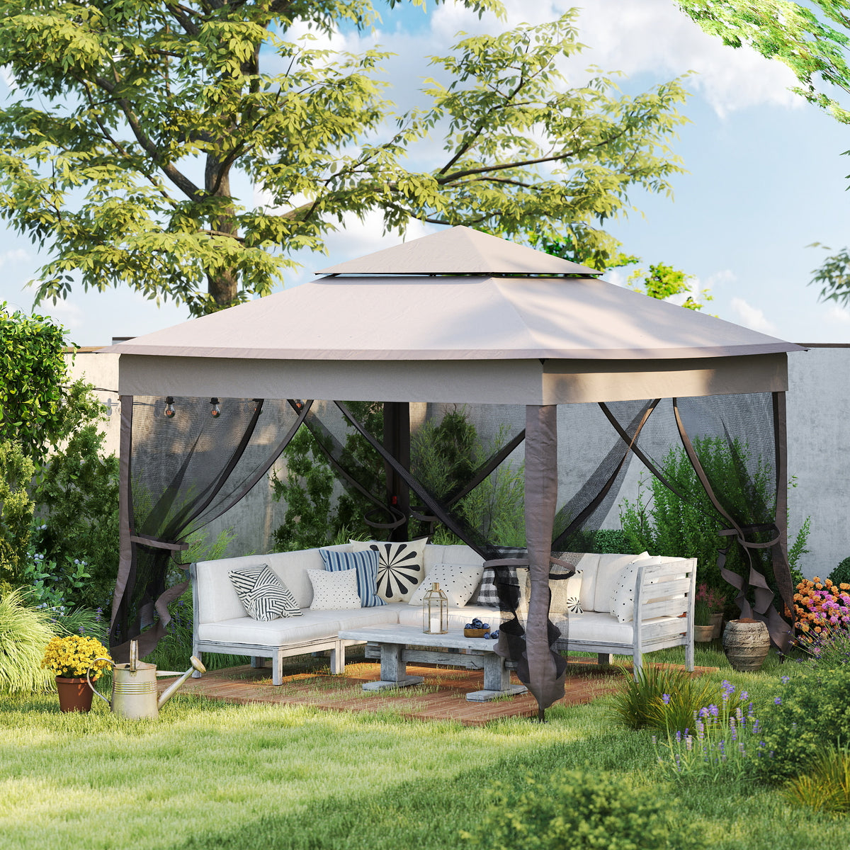 Outsunny 3.25 x 3.25m Deluxe Metal Gazebo, with Curtains - Brown and Grey