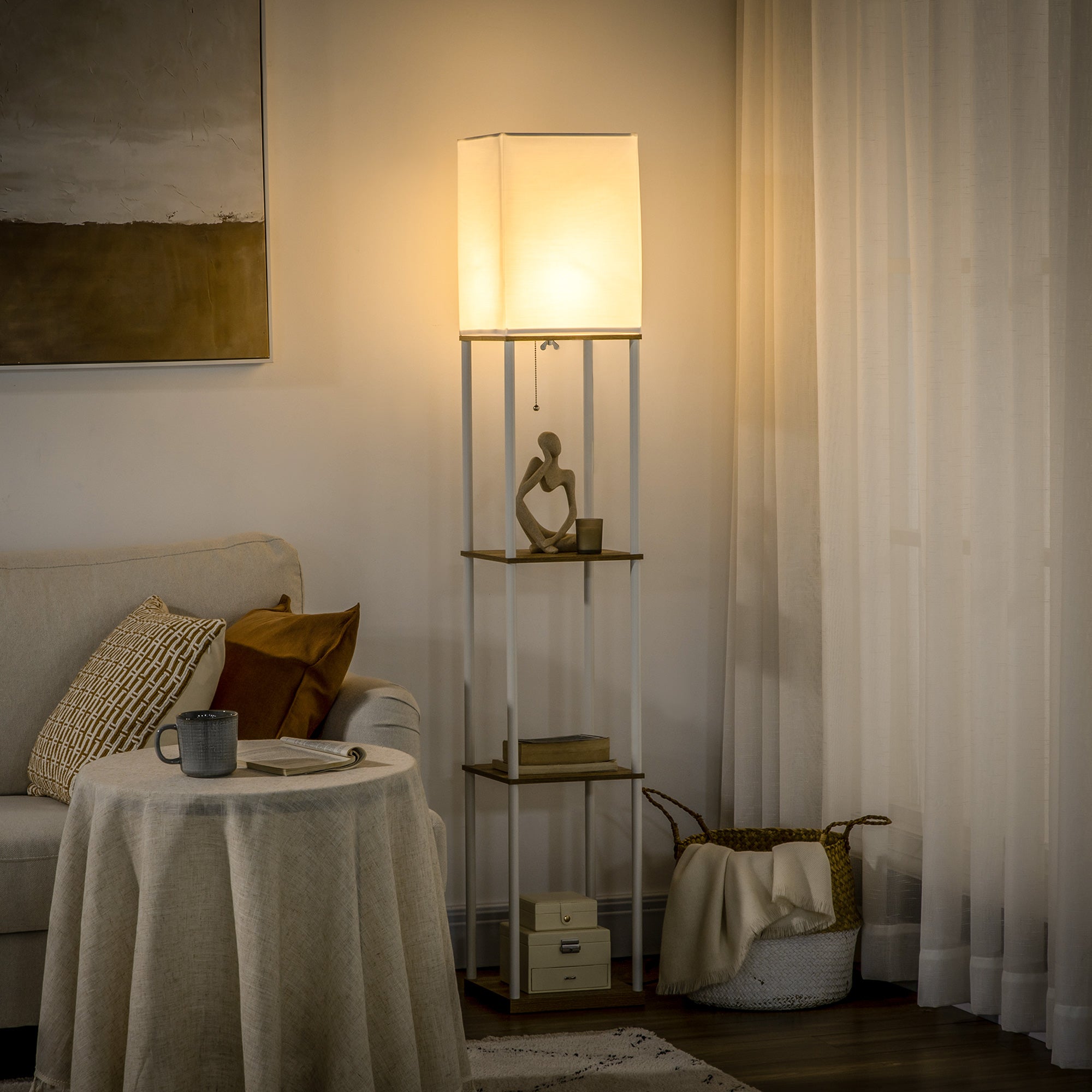 HOMCOM Modern Floor Lamp with Shelves, 3 Layer Shelf Tall Standing Lamp with Fabric Lampshade, Pull Chain Switch for Living Room, Bedroom, Bulb not Included, White - North Peak Garden Furniture