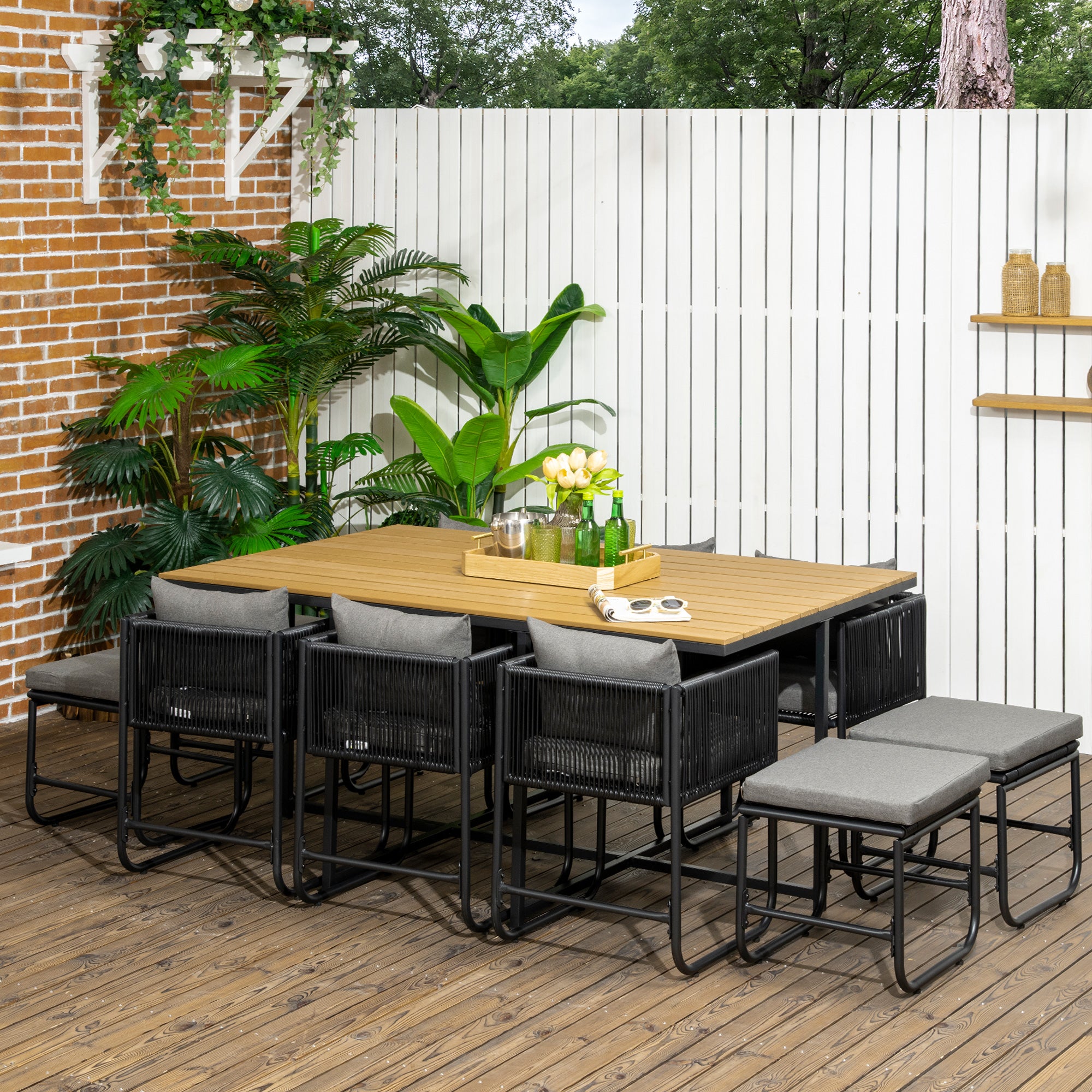 Outsunny 10 Seater Rattan Cube Garden Furniture Set, Rattan Dining Set with Cushions, Outdoor Dining Table and Chairs with 6 Armchairs, 4 Stools, Rectangular Wood Grain Plastic Top Table, Black - North Peak Garden Furniture