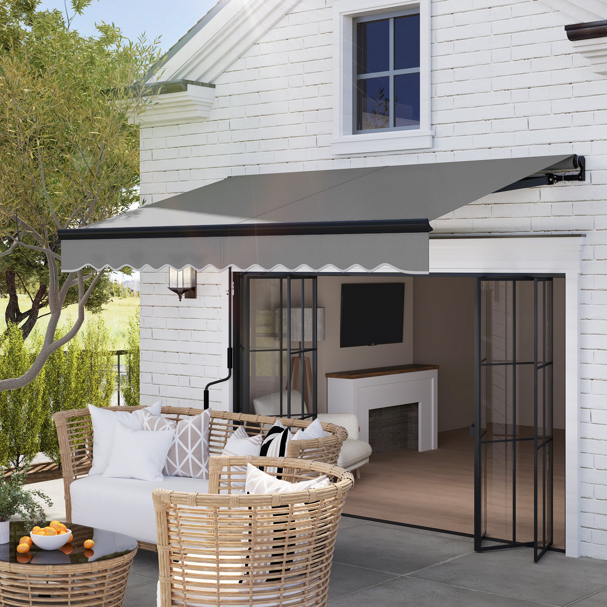 Outsunny 2.5 x 2m Electric Awning with LED Light and Remote Controller, Aluminium Frame DIY Retractable Awning, UV50+ Sun Shade Canopy for Garden Patio Deck Door Window, Dark Grey - North Peak Garden Furniture