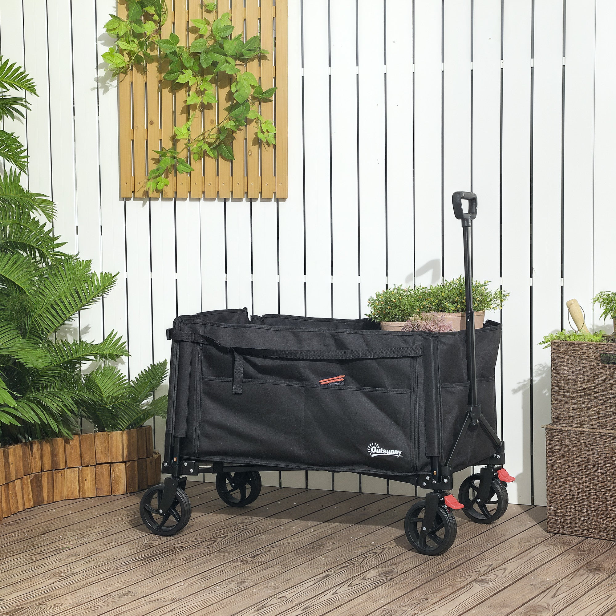 Outsunny Folding Trolley on Wheels, 150L Collapsible Wagon Festival Trolley Cart with Openable Sides, Adjustable Handle and Brakes for Shopping Camping Beach and Garden, Black - North Peak Garden Furniture