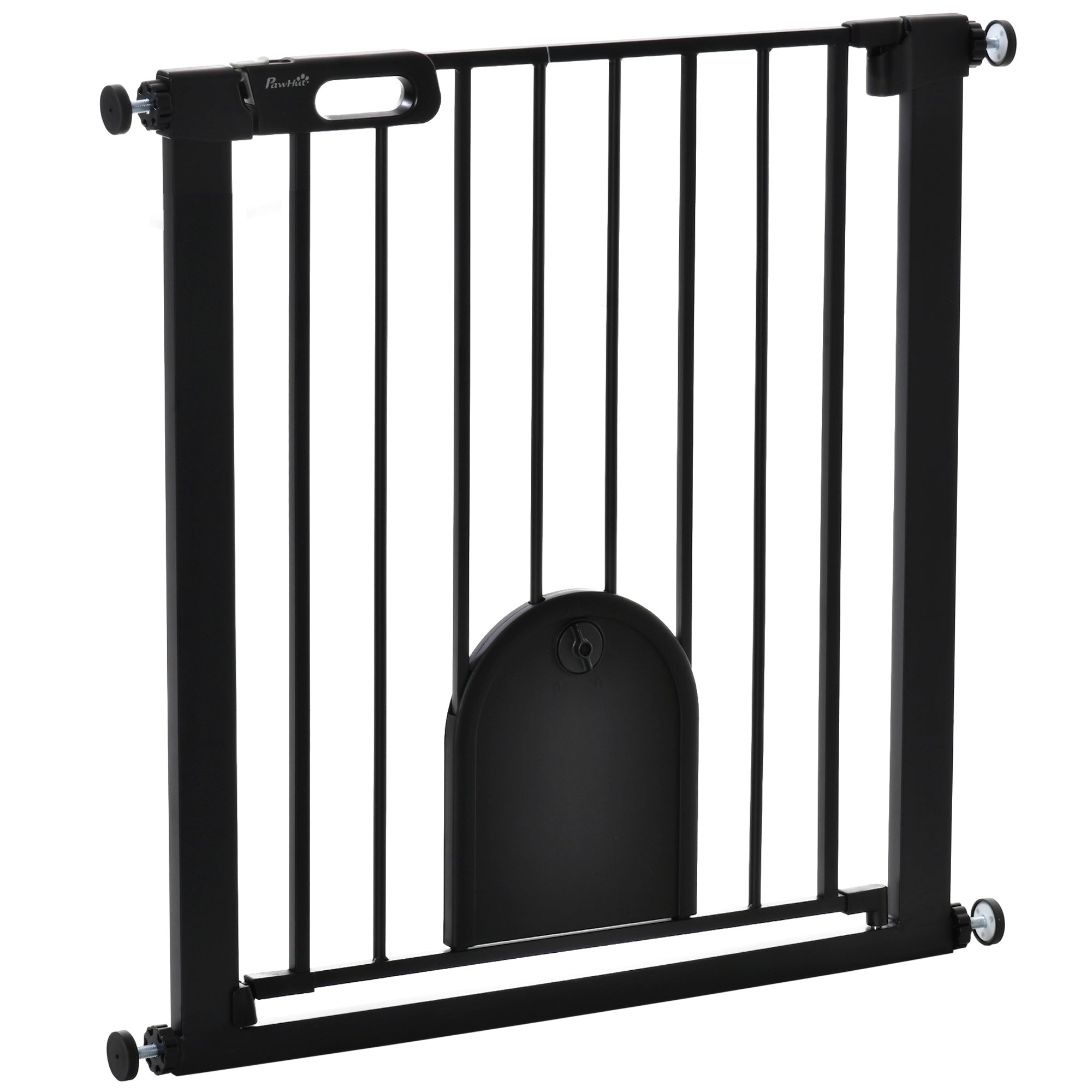PawHut Dog Gate with Cat Flap Pet Safety Gate Barrier, Stair Pressure Fit, Auto Close, Double Locking, for Doorways, Hallways, 75-82 cm Black - North Peak Garden Furniture