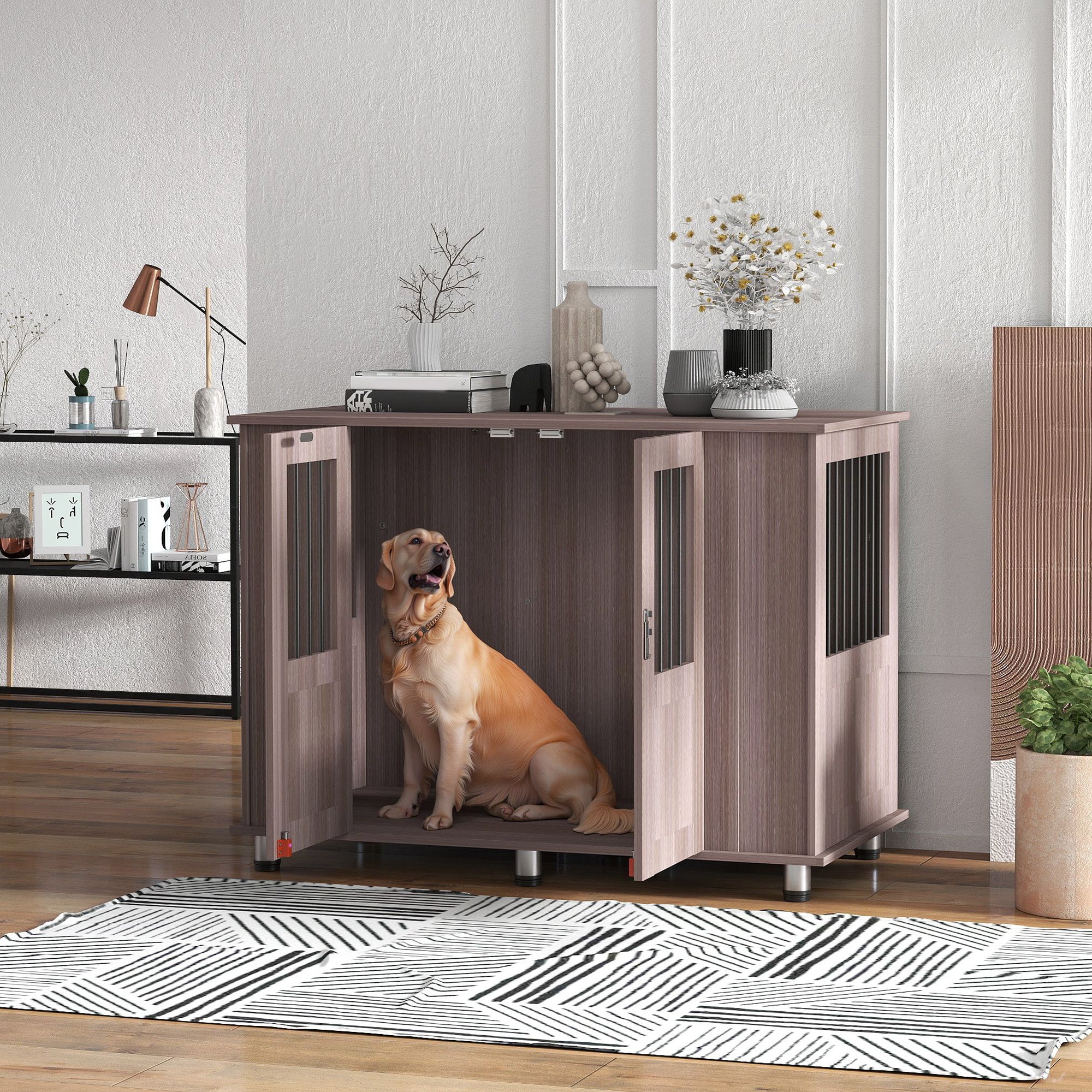 PawHut Dog Crate Table for Medium and Large Dogs with Magnetic Door for Indoor Use, 116 x 60 x 87 cm, Purple - North Peak Garden Furniture