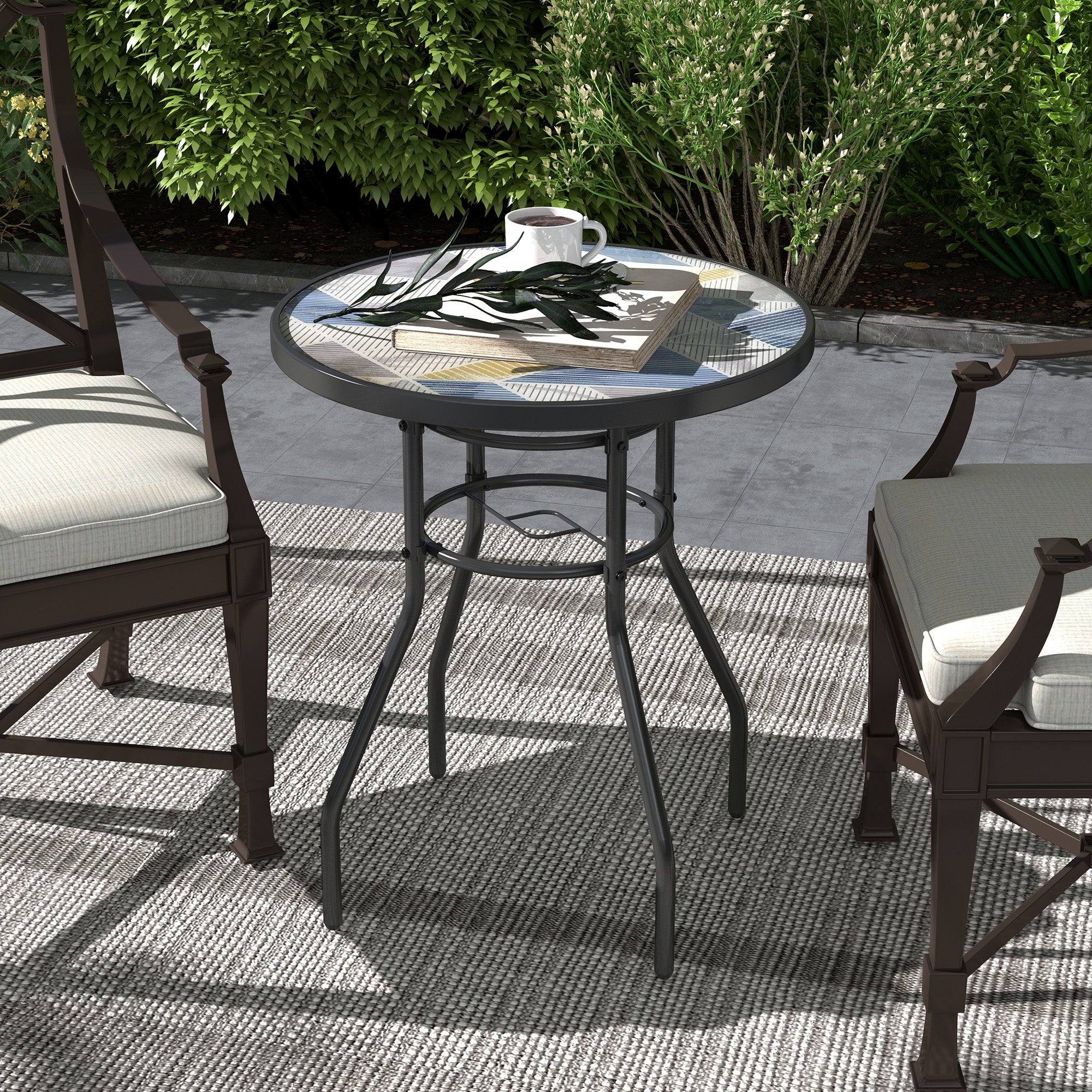 Outsunny Φ60 Garden Table, with Glass Printed Tabletop - Multicolour - North Peak Garden Furniture