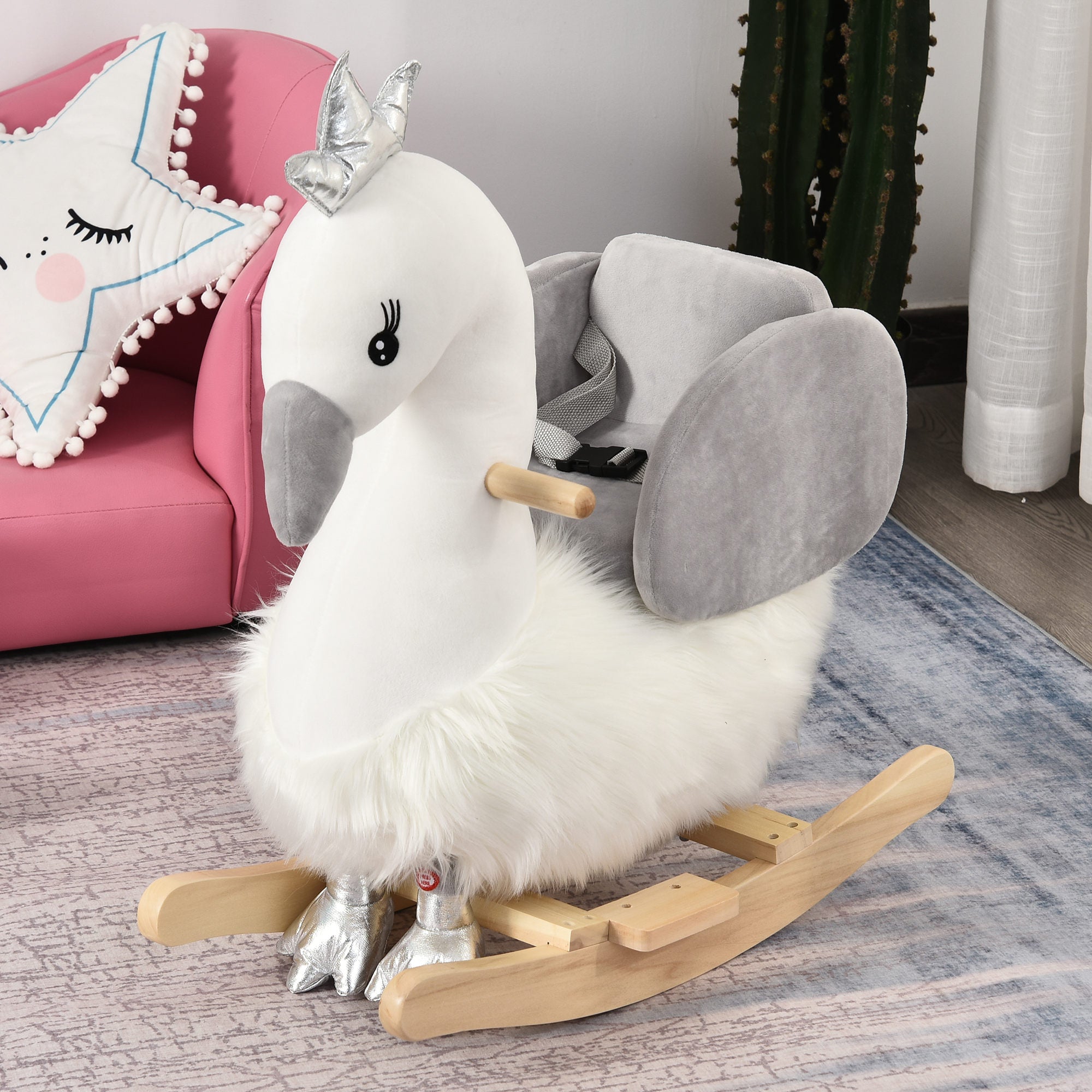 HOMCOM Kids Children Rocking Horse Plush Ride On Swan w/ Sound Wood Base Seat Safety Belt Toddler Baby Toy Rocker 18 - 36 Months - North Peak Garden Furniture
