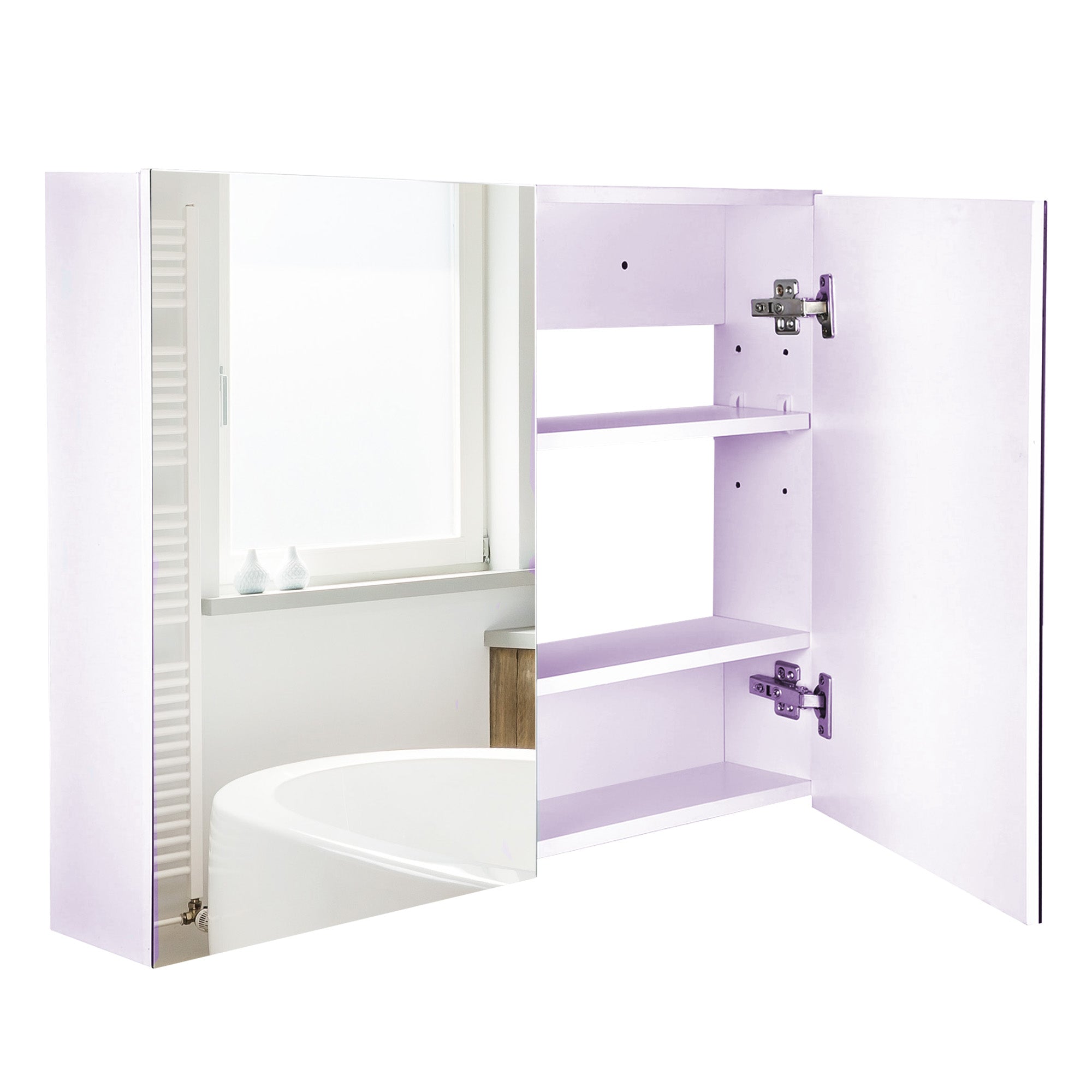 HOMCOM Double Door Wall Mounted Glass Mirror Cabinet Modern Storage Unit Bathroom Shelf Organiser Waterproof Wooden Frame 80Wx15Dx60H(cm) - North Peak Garden Furniture