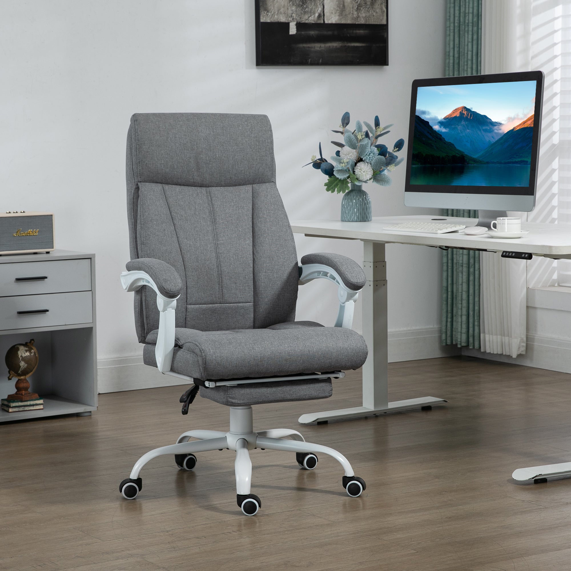 Vinsetto Office Chair, Ergonomic Desk Chair, Fabric Work Study Chair with 155° Reclining Back and Footrest, Adjustable Height and Swivel Wheels, Grey - North Peak Garden Furniture