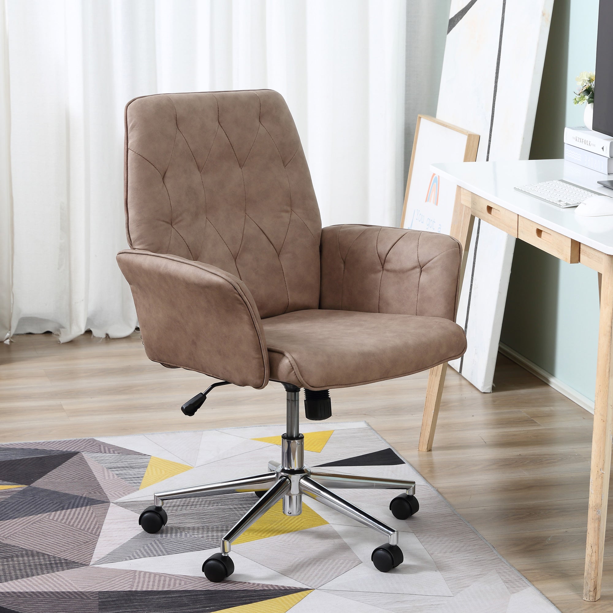 Vinsetto Office Desk Chair, Microfibre Vanity Chair with Height Adjustable, Armrest, Swivel Chair for Home, Coffee - North Peak Garden Furniture