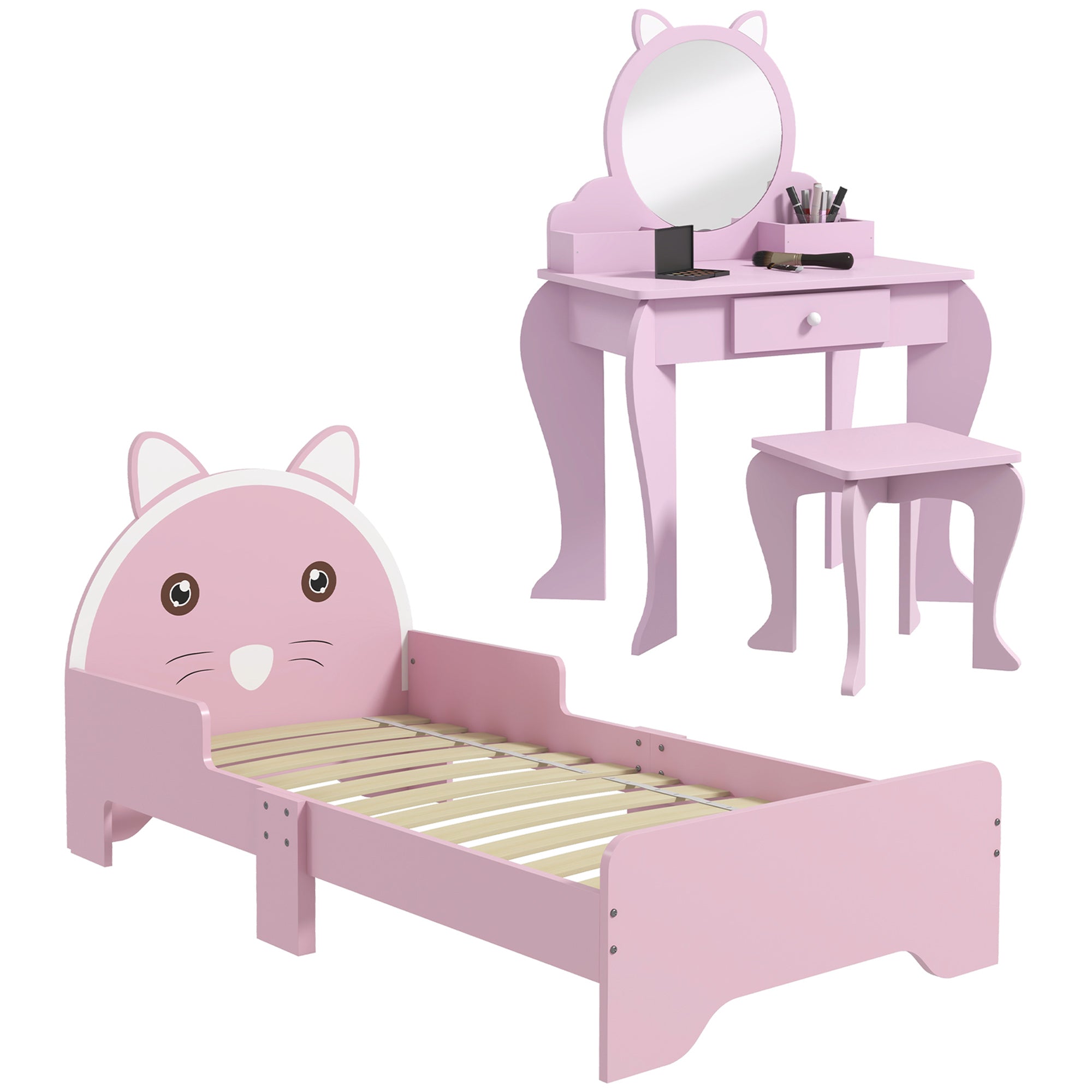 ZONEKIZ Wooden Kids Bedroom Furniture Set with Kids Dressing Table, Stool, Bed, for 3-6 Years, Cat-Design - North Peak Garden Furniture