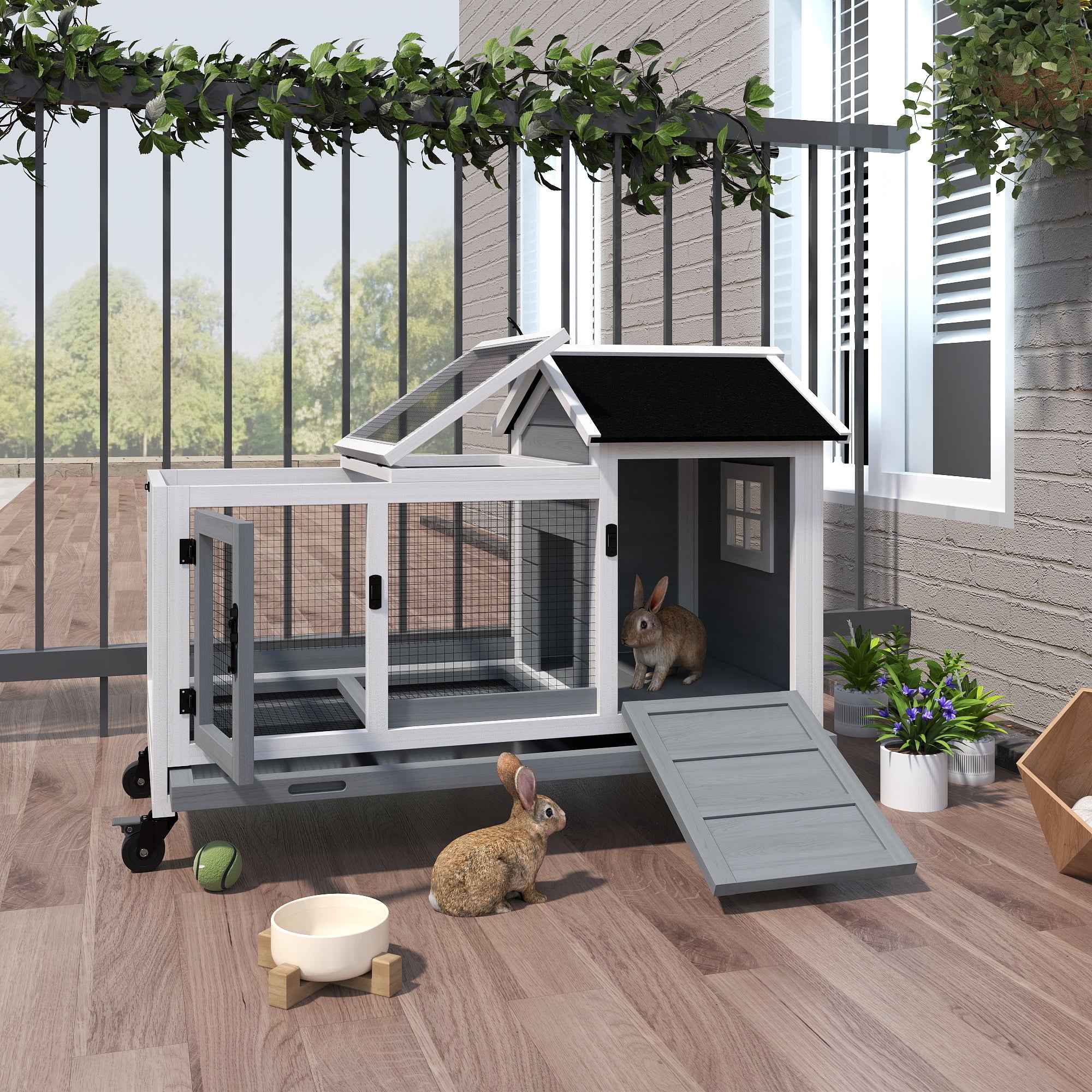 PawHut Wooden Rabbit Hutch, Guinea Pig Cage, with Removable Tray, Wheels - Grey - North Peak Garden Furniture