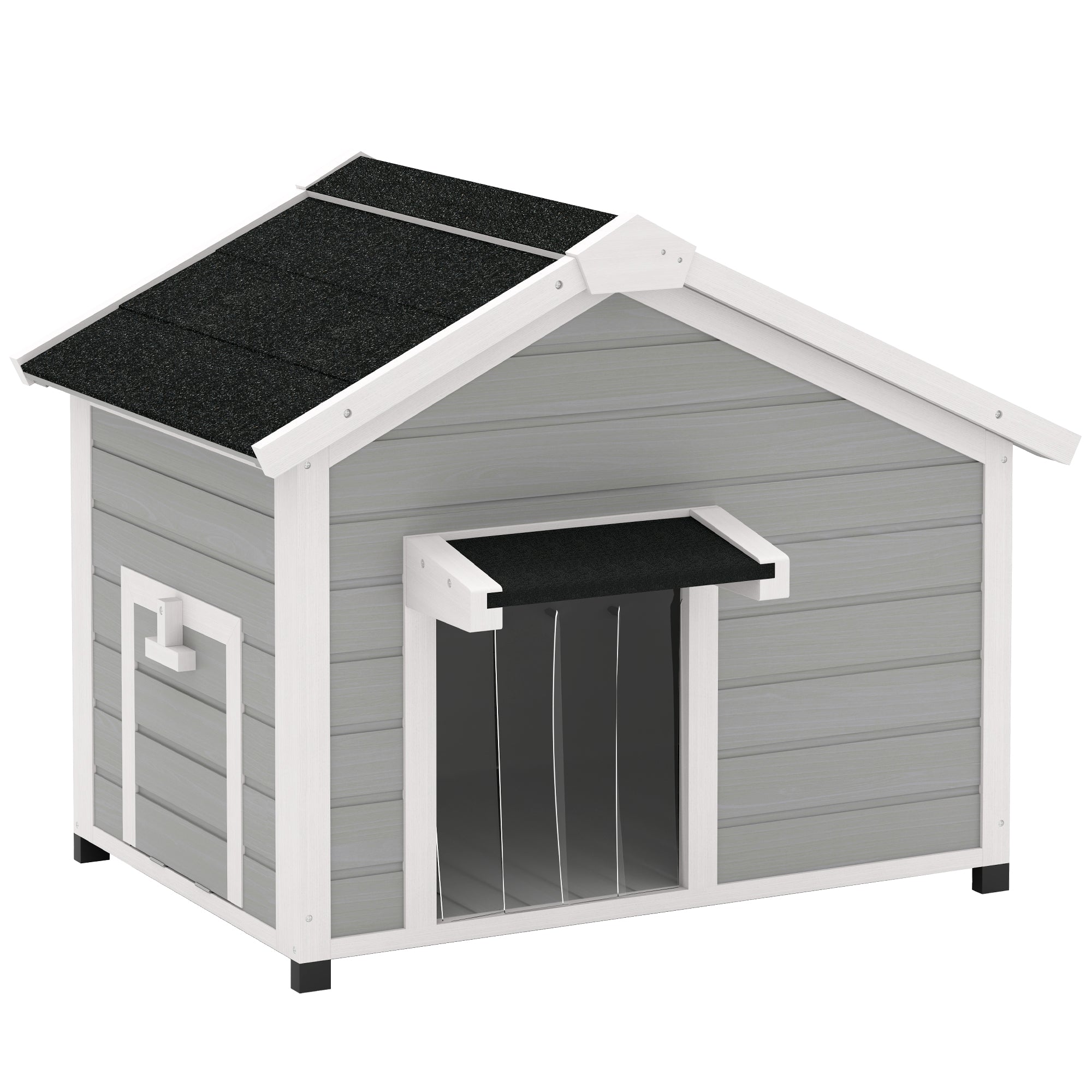 PawHut Wooden Dog House Outdoor with Openable Roof, Removable Floor, Curtain, Elevated Feet, for Medium Dogs, Light Grey - North Peak Garden Furniture