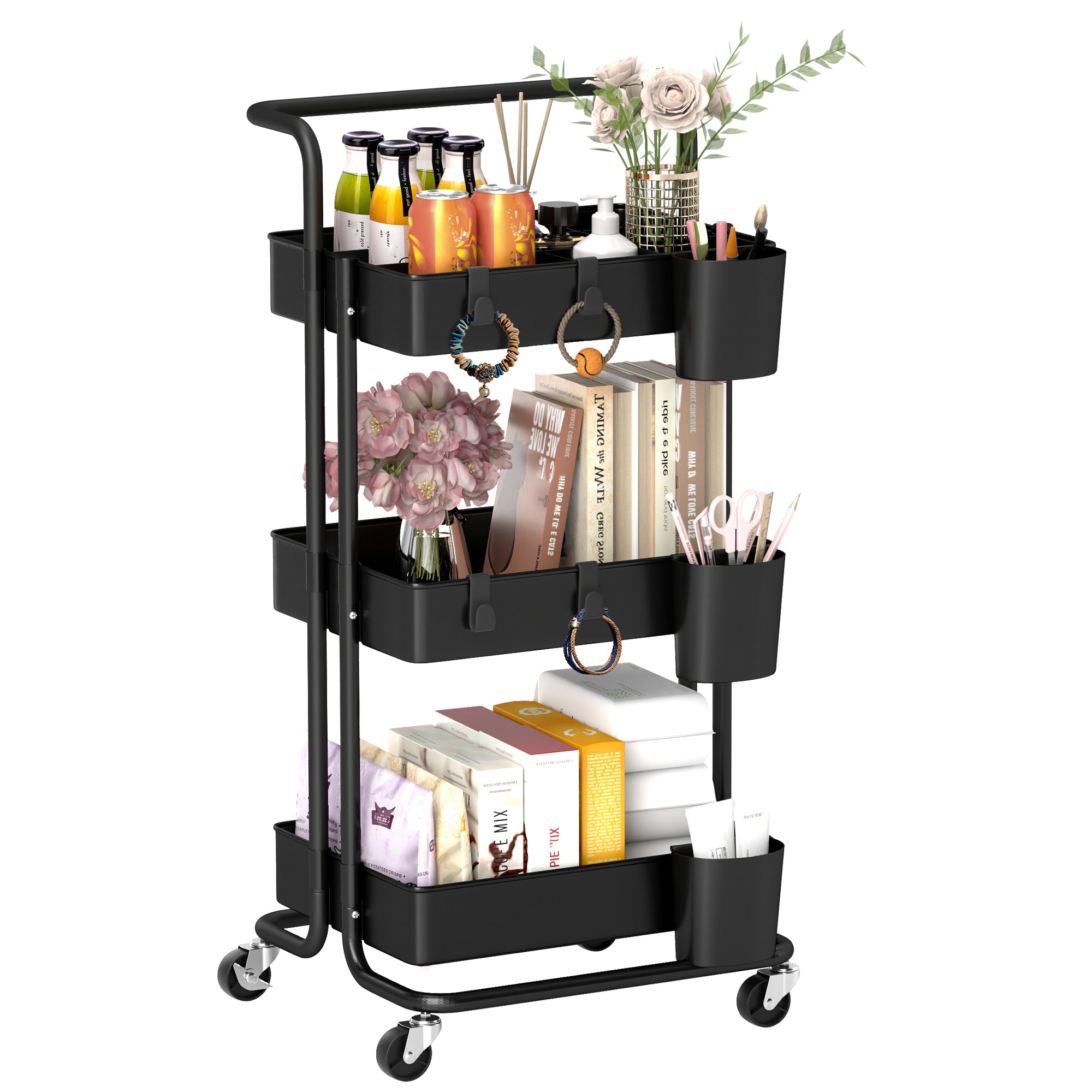 HOMCOM 3 Tier Utility Rolling Cart, Kitchen Cart with 3 Removable Mesh Baskets, 3 Hanging Box, 4 Hooks and Dividers for Living Room, Laundry, Garage, Black - North Peak Garden Furniture