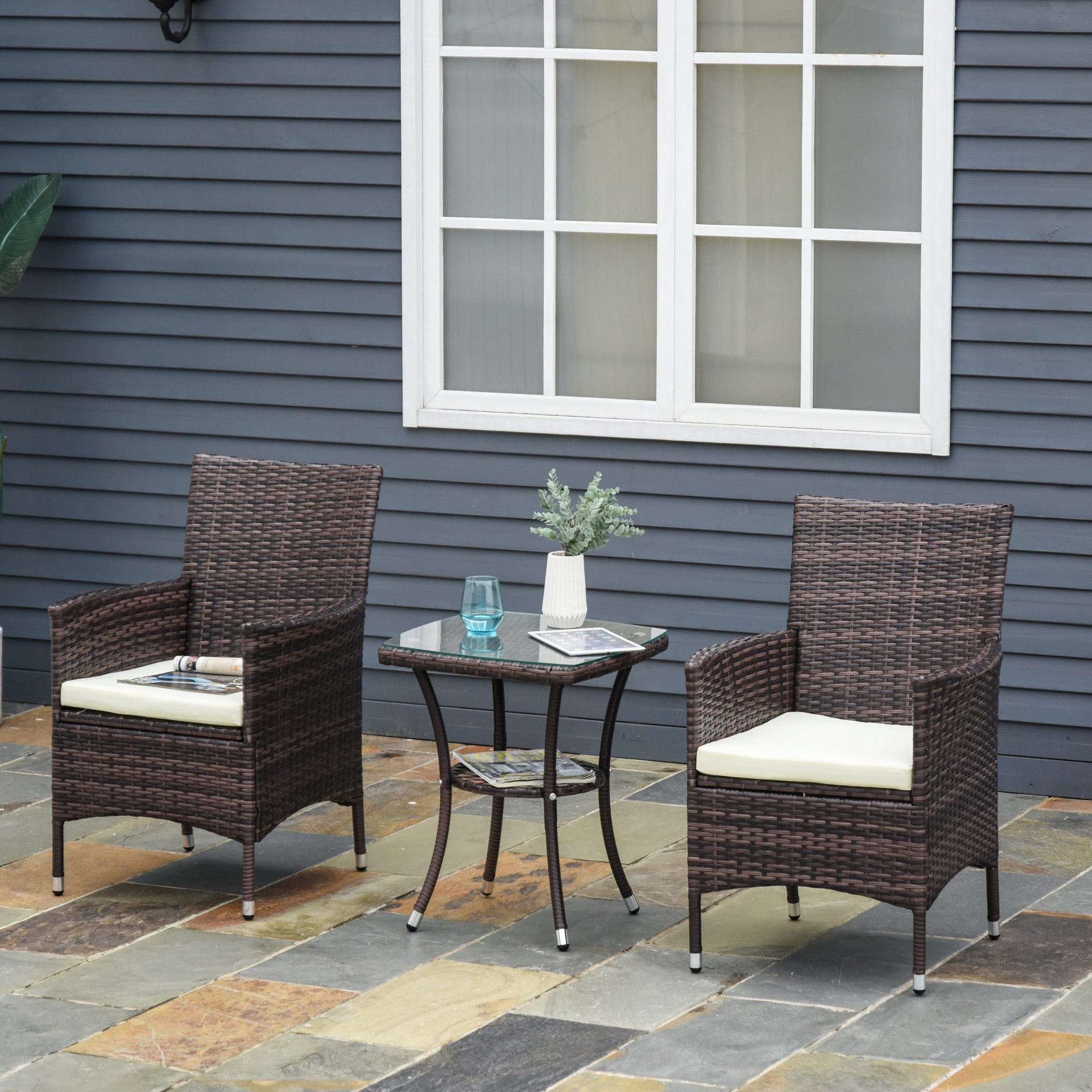 Outsunny Three-Piece Rattan Chair Set, with Cushions - Brown - North Peak Garden Furniture