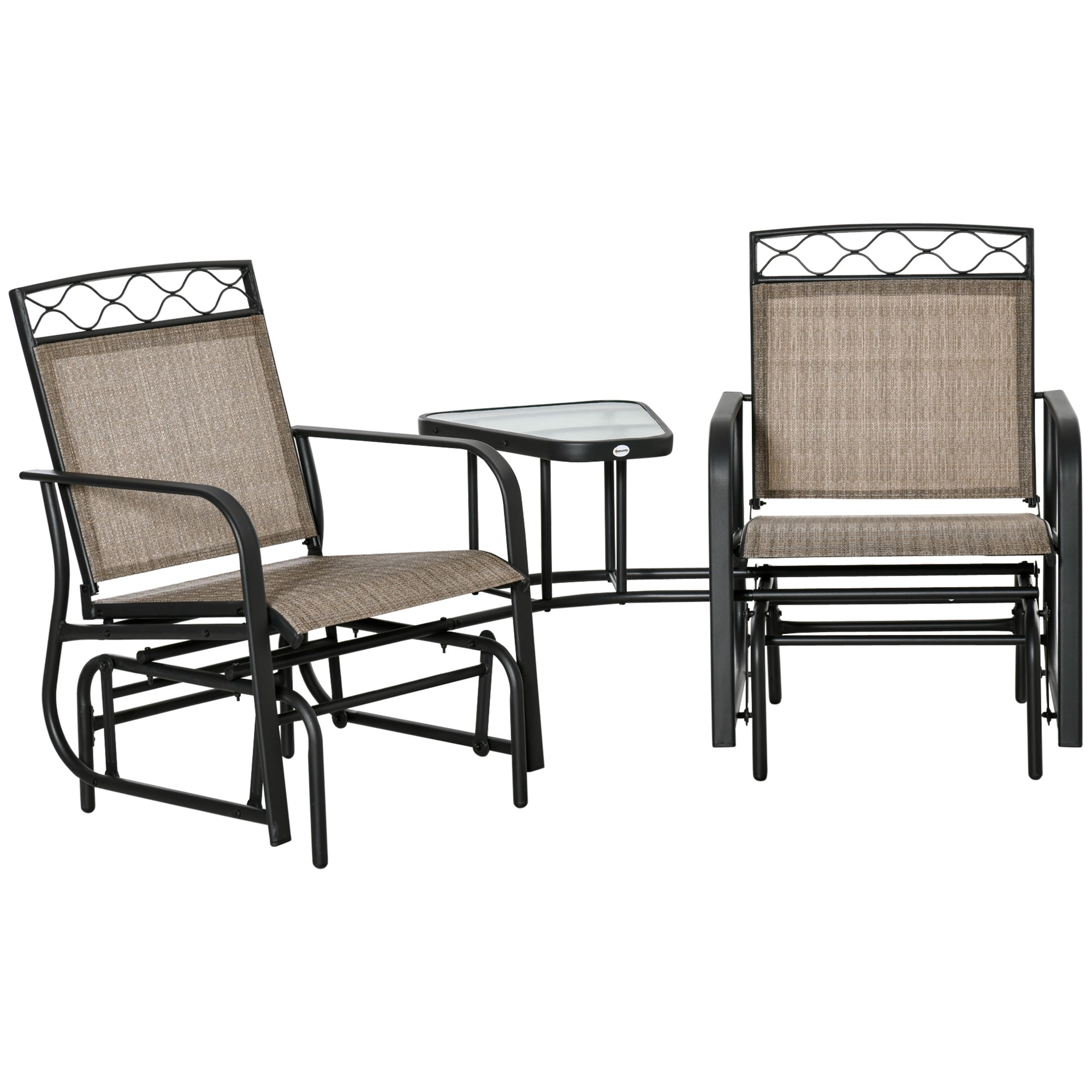 Outsunny Double Outdoor Glider Chair, 2 Seater Patio Rocking Chairs, Swing Bench with Tempered Glass Table, Breathable Mesh Fabric for Backyard, Garden, Porch, Brown - North Peak Garden Furniture