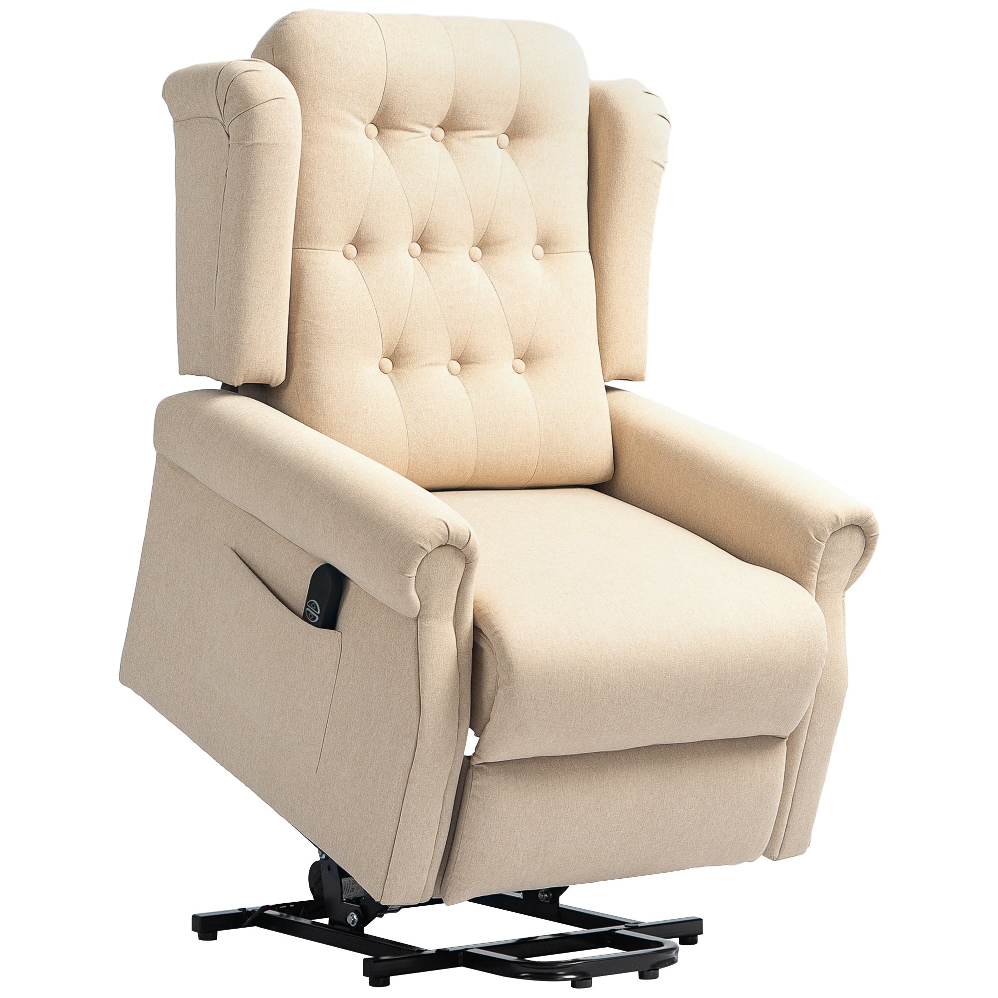 HOMCOM Power Lift Recliner Chair, Wingback Button Tufted Electric Lift Chair for Elderly, Fabric Riser and Reclining Armchair with Remote Control, Side Pockets, for Living Room, Beige - North Peak Garden Furniture