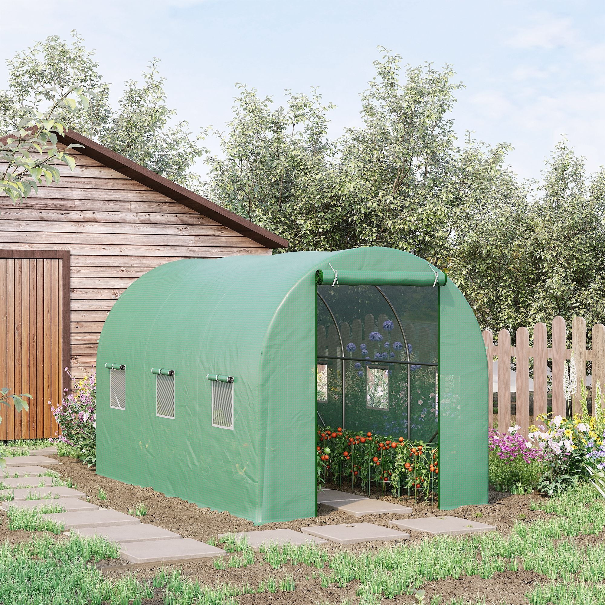 Outsunny 3.5 x 2m Walk-In Polytunnel Greenhouse, with Steel Frame, PE Cover, Roll-Up Door and 6 Windows, Green - North Peak Garden Furniture
