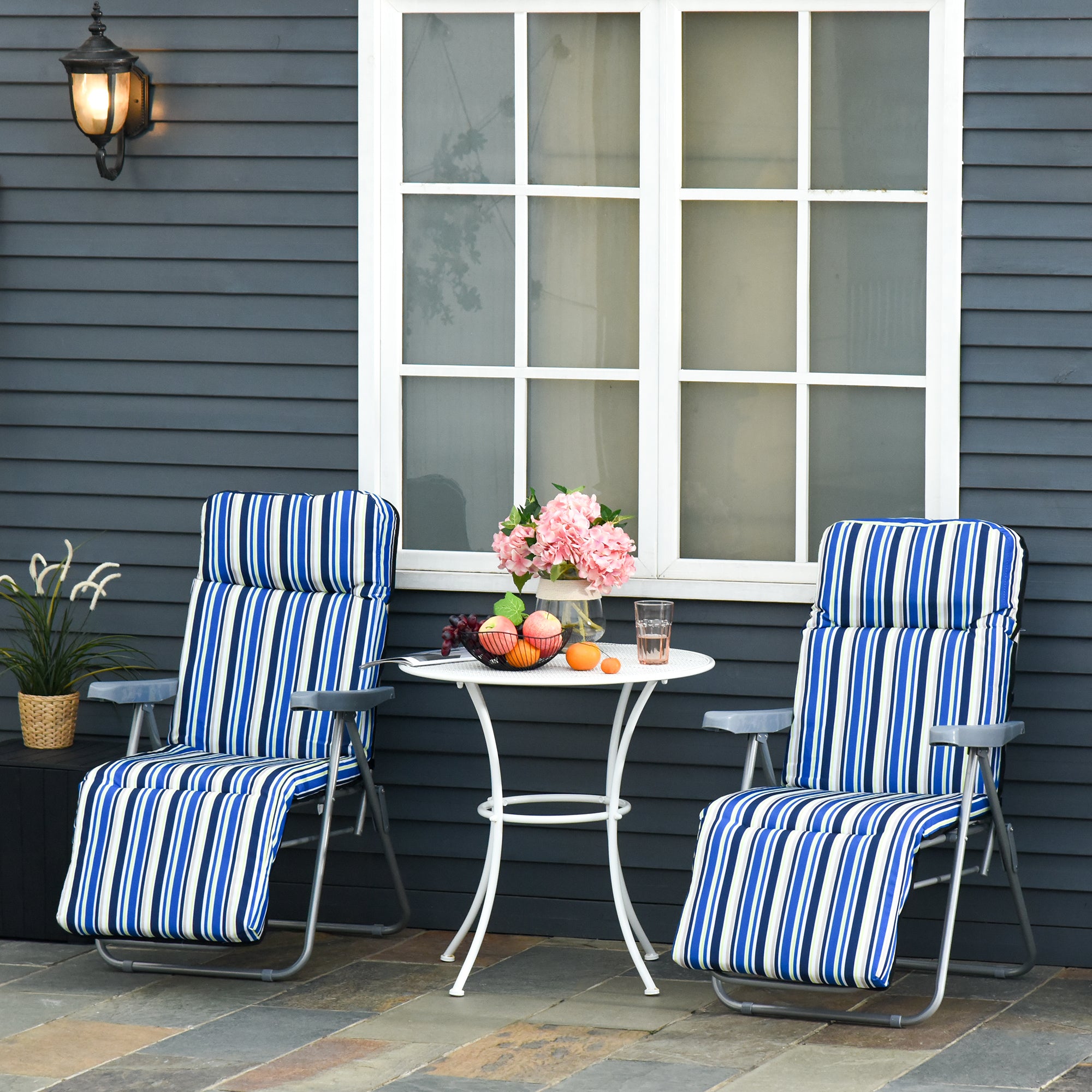 Outsunny Set of 2 Garden Sun Lounger Outdoor Reclining Seat Cushioned Seat Foldable Adjustable Recliner Blue and White - North Peak Garden Furniture
