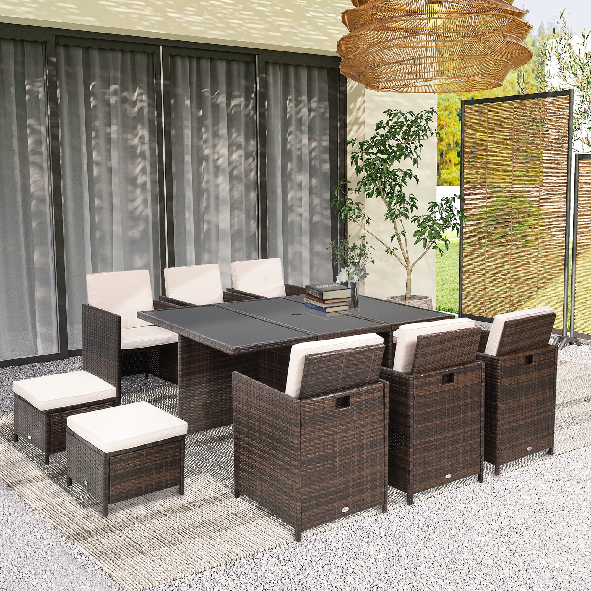Outsunny 10 Seater Rattan Cube Garden Furniture Set with Parasol Hole, Rattan Dining Set with Cushions, Outdoor Dining Table and Chairs with Rectangular Glass Top Table for Patio, Mixed Brown - North Peak Garden Furniture