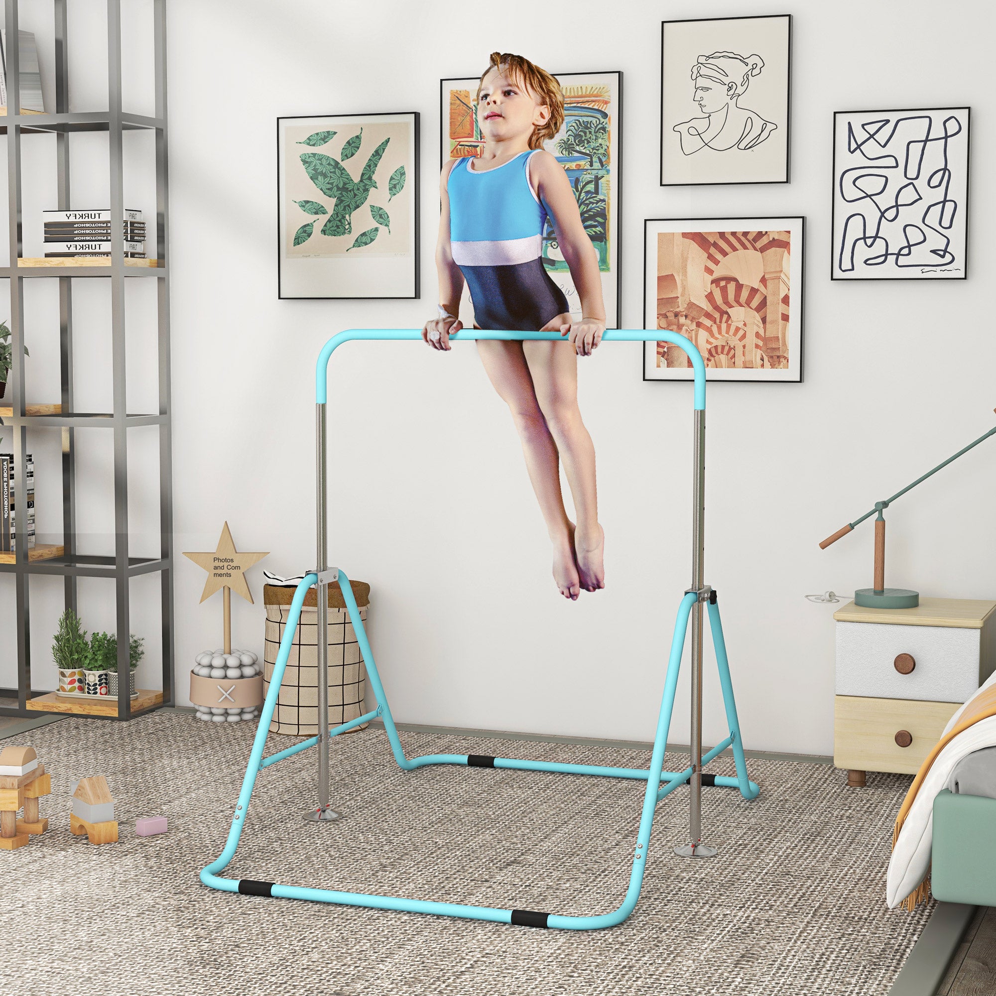 HOMCOM Kids Gymnastic Bar, with Adjustable Height, Foldable Horizontal Bars - Light Blue - North Peak Garden Furniture