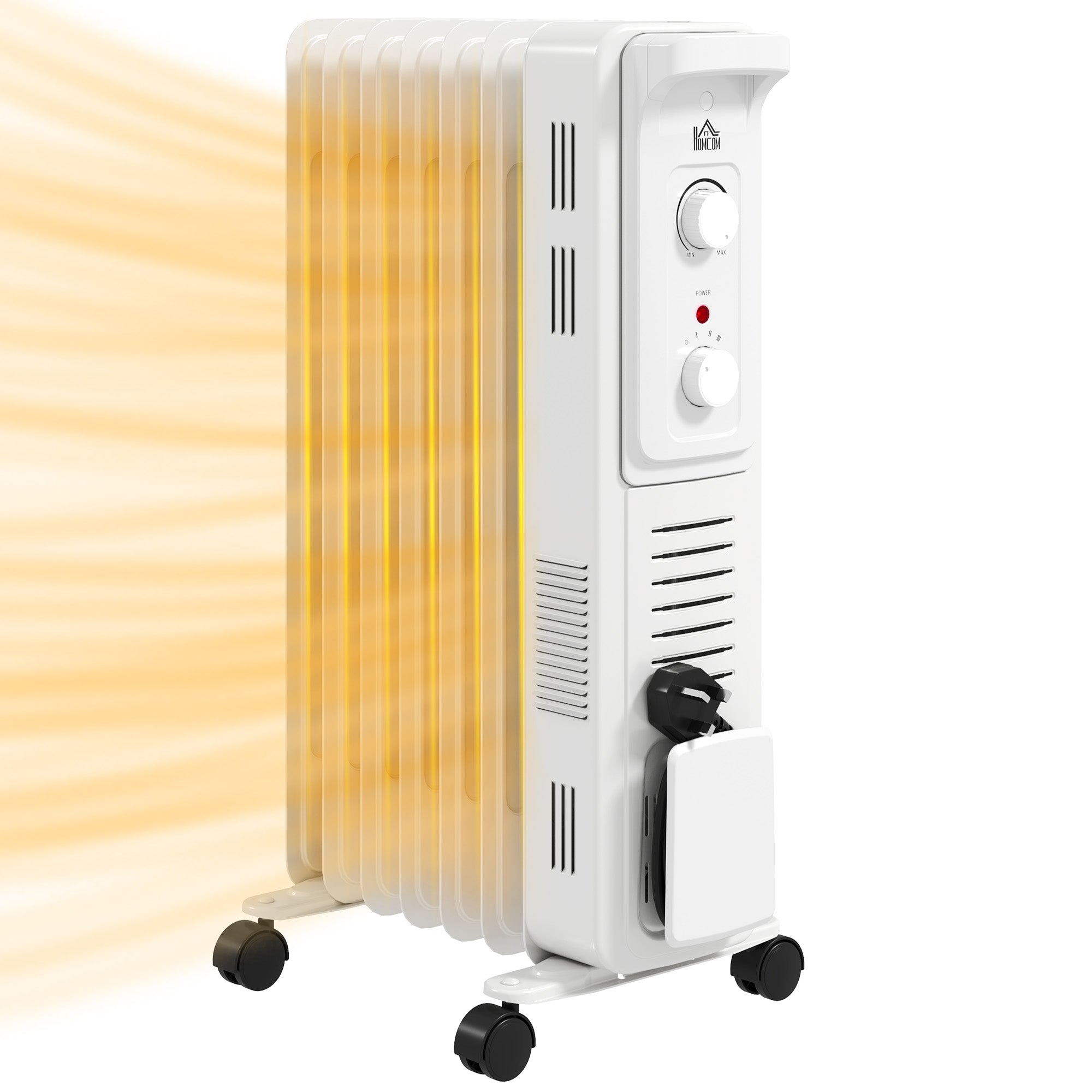 HOMCOM 1500W Quiet Oil Filled Radiator, 7 Fin Energy Efficient Portable Electric Heater with 3 Heat Settings, Adjustable Thermostat, Safety Tip Over, Overheat Protection, for Home, White - North Peak Garden Furniture