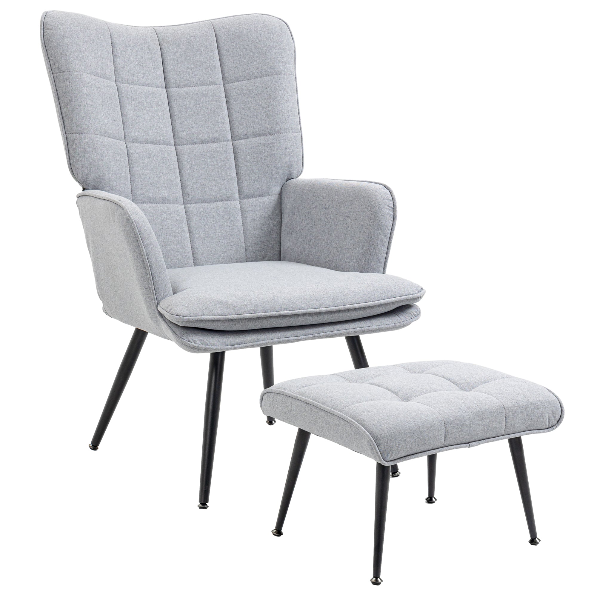 HOMCOM Armchair with Footstool, Living Room Chair, Linen Accent Chair for Bedroom, Home Study, Light Grey - North Peak Garden Furniture