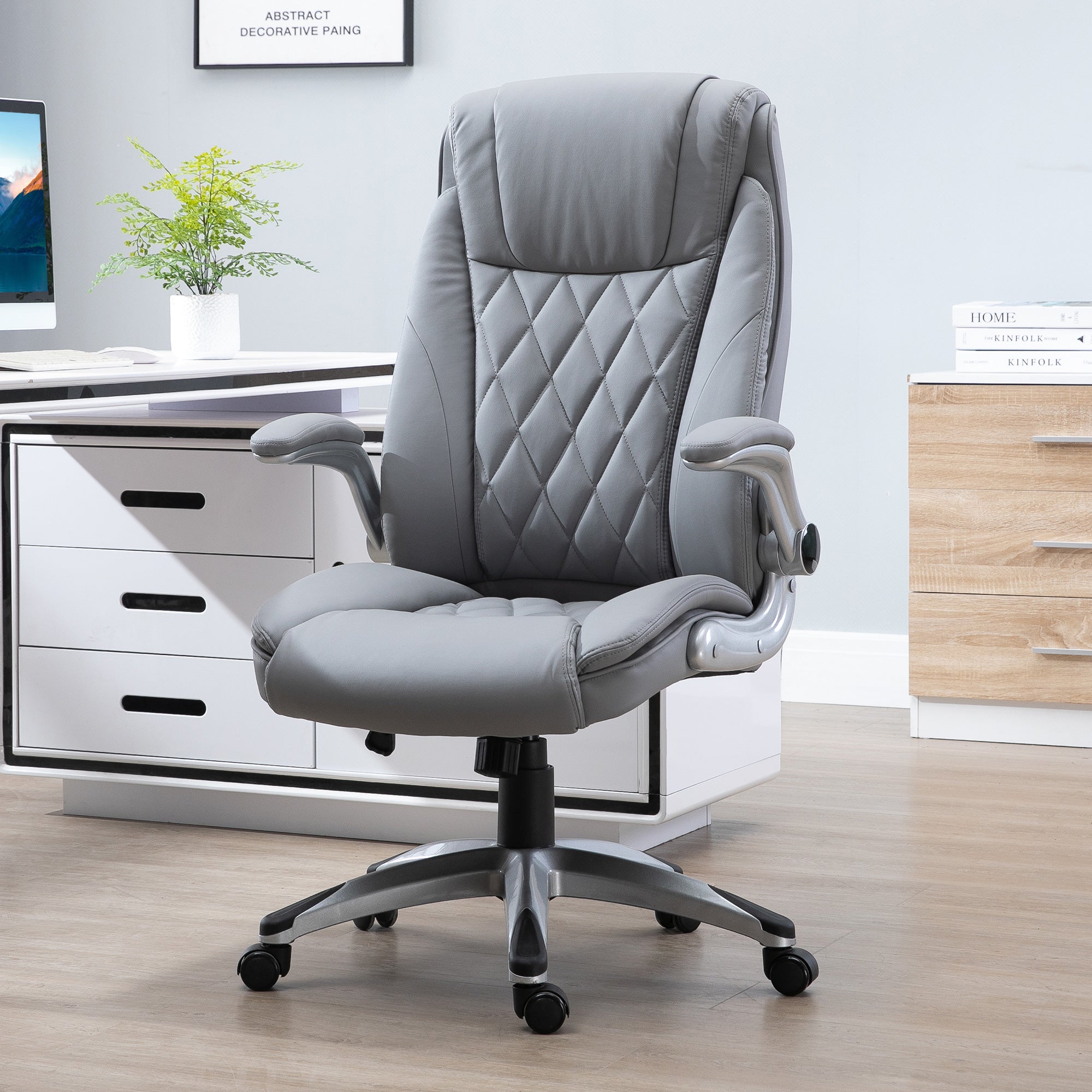 Vinsetto High Back Executive Office Chair Home Swivel PU Leather Ergonomic Chair, with Flip-up Arm, Wheels, Adjustable Height, Grey - North Peak Garden Furniture