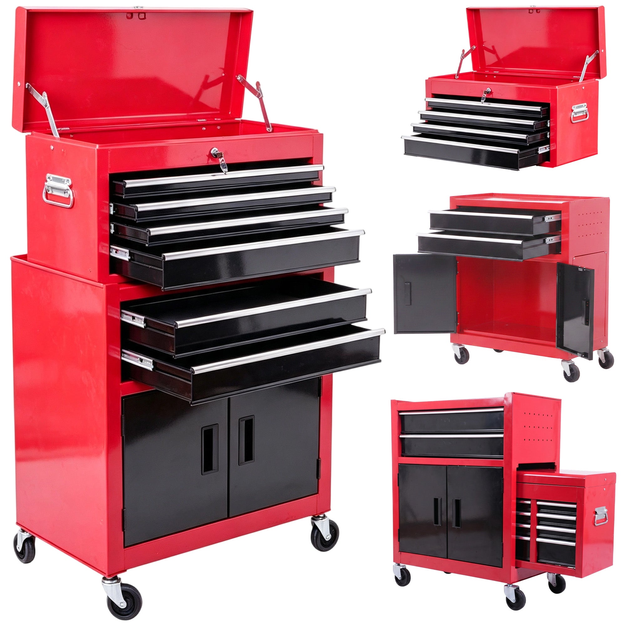 HOMCOM Tool Chest, Metal Tool Cabinet on Wheels with 6 Drawers, Pegboard, Top Chest and Roller Cabinet Combo, 61.6 x 33 x 108cm, Red