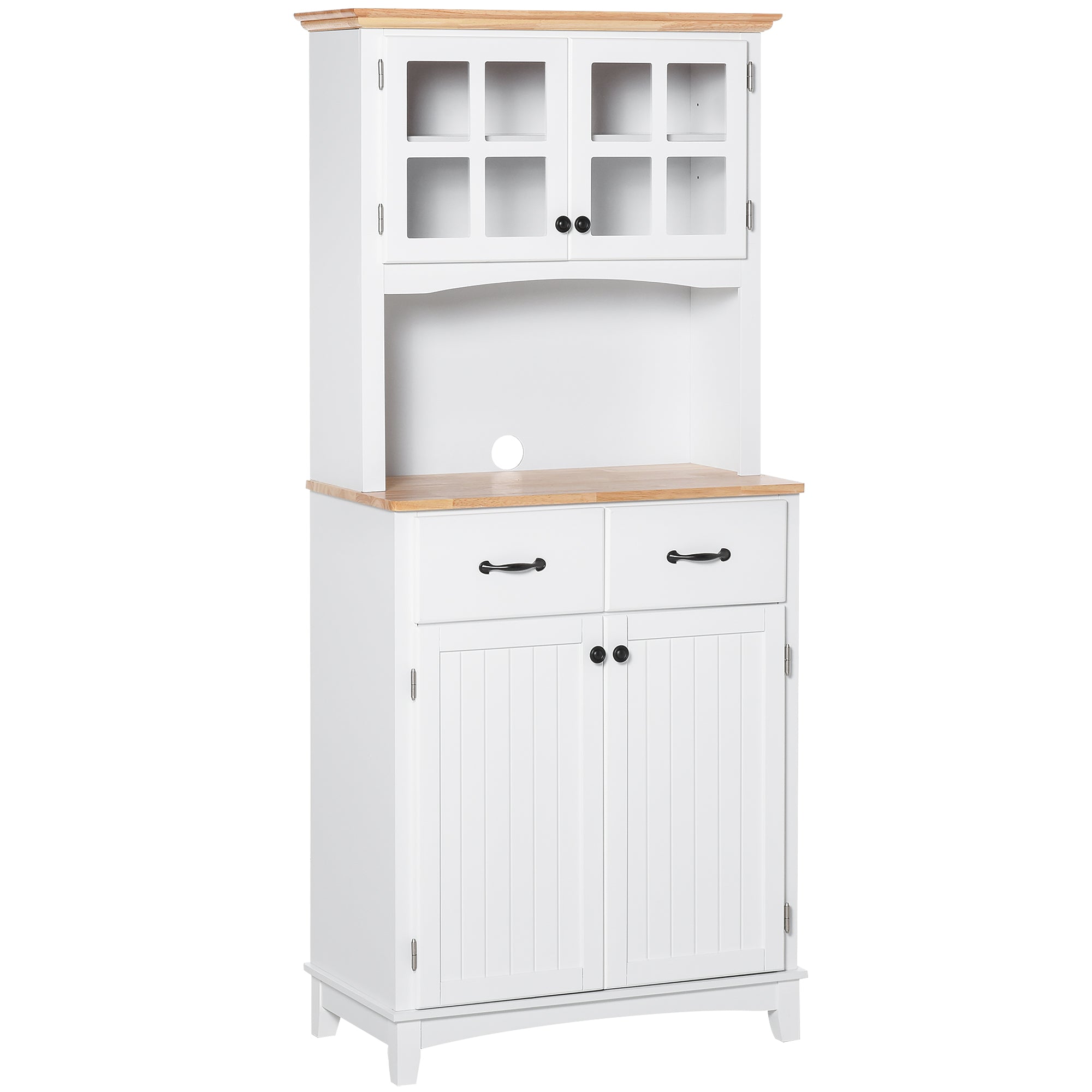 HOMCOM Freestanding Kitchen Cupboard, Kitchen Storage Cabinet with Framed Glass Doors, 2 Drawers, Microwave Counter, White - North Peak Garden Furniture