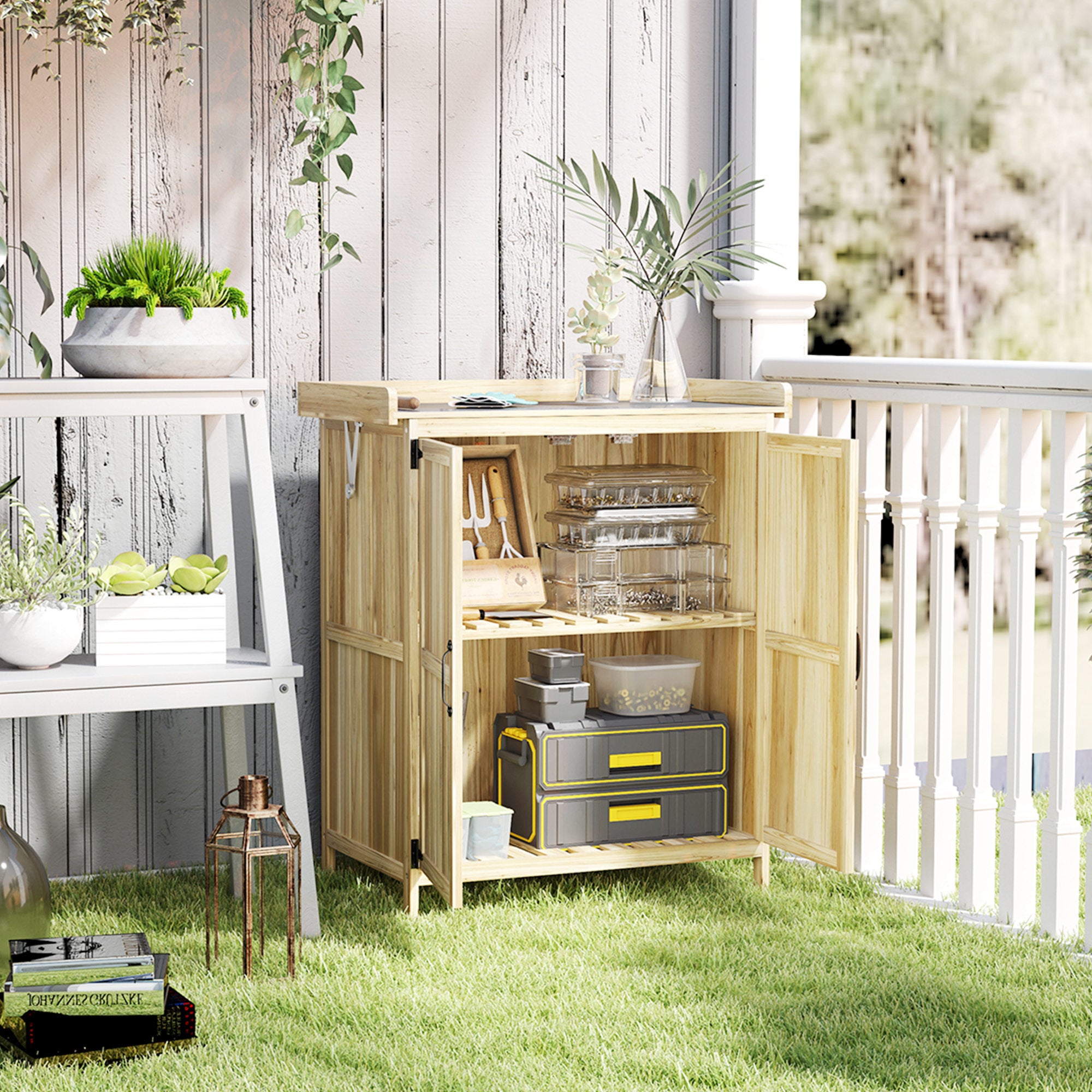 Outsunny 43 x 74cm Fir Wood Shed, with Metal Worktop - Natural Finish - North Peak Garden Furniture