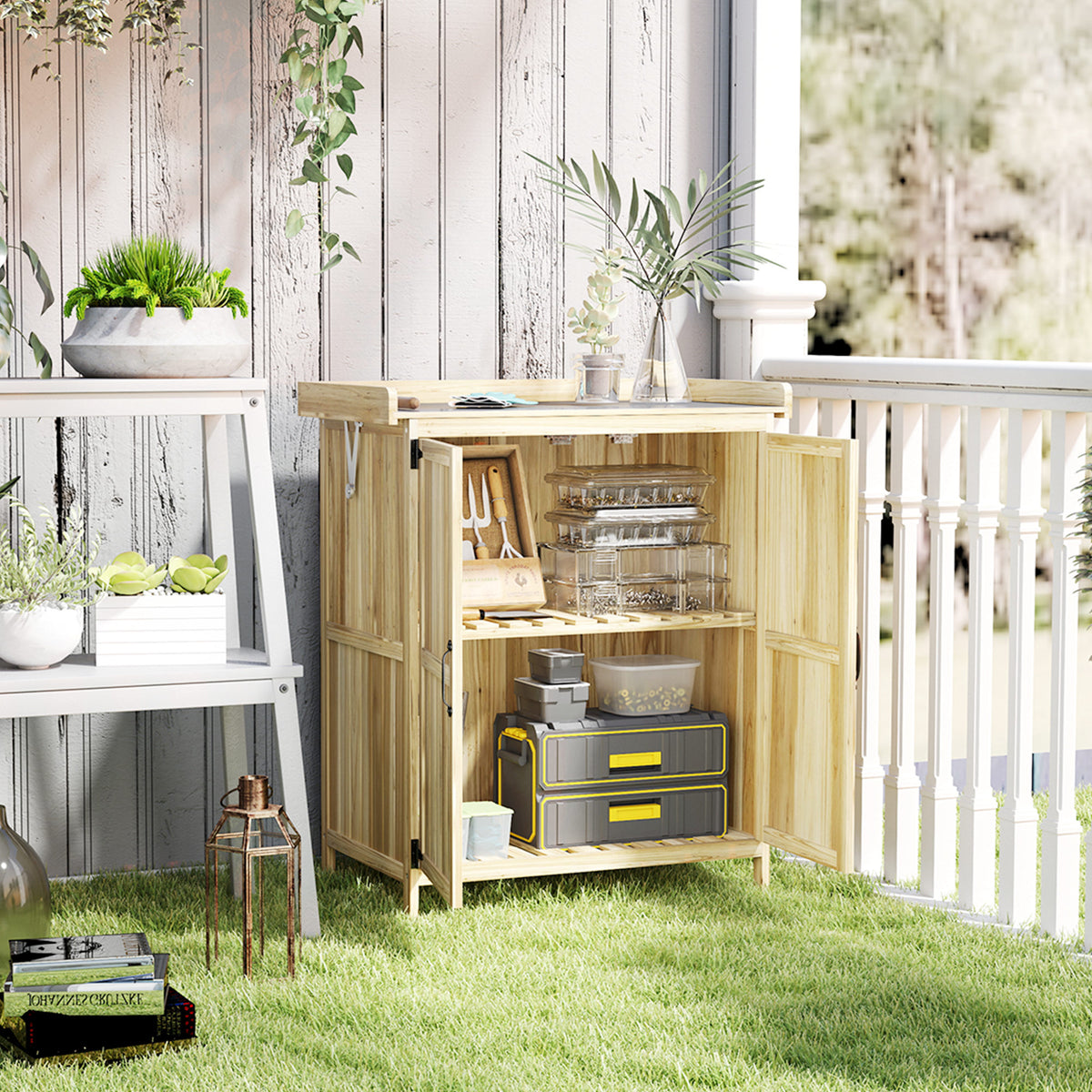 Outsunny 43 x 74cm Fir Wood Shed, with Metal Worktop - Natural Finish