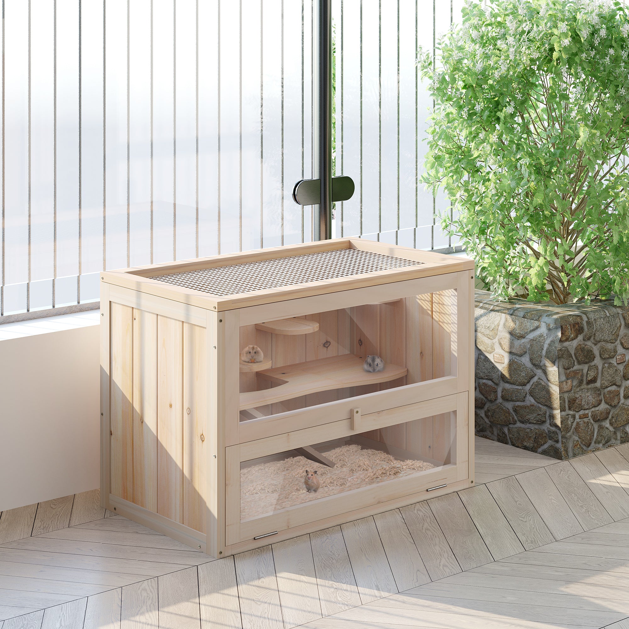 PawHut Wooden Hamster Cage Mouse Mice Rodent Small Animals Hutch Exercise Play House 60 x 35 x 42cm - North Peak Garden Furniture