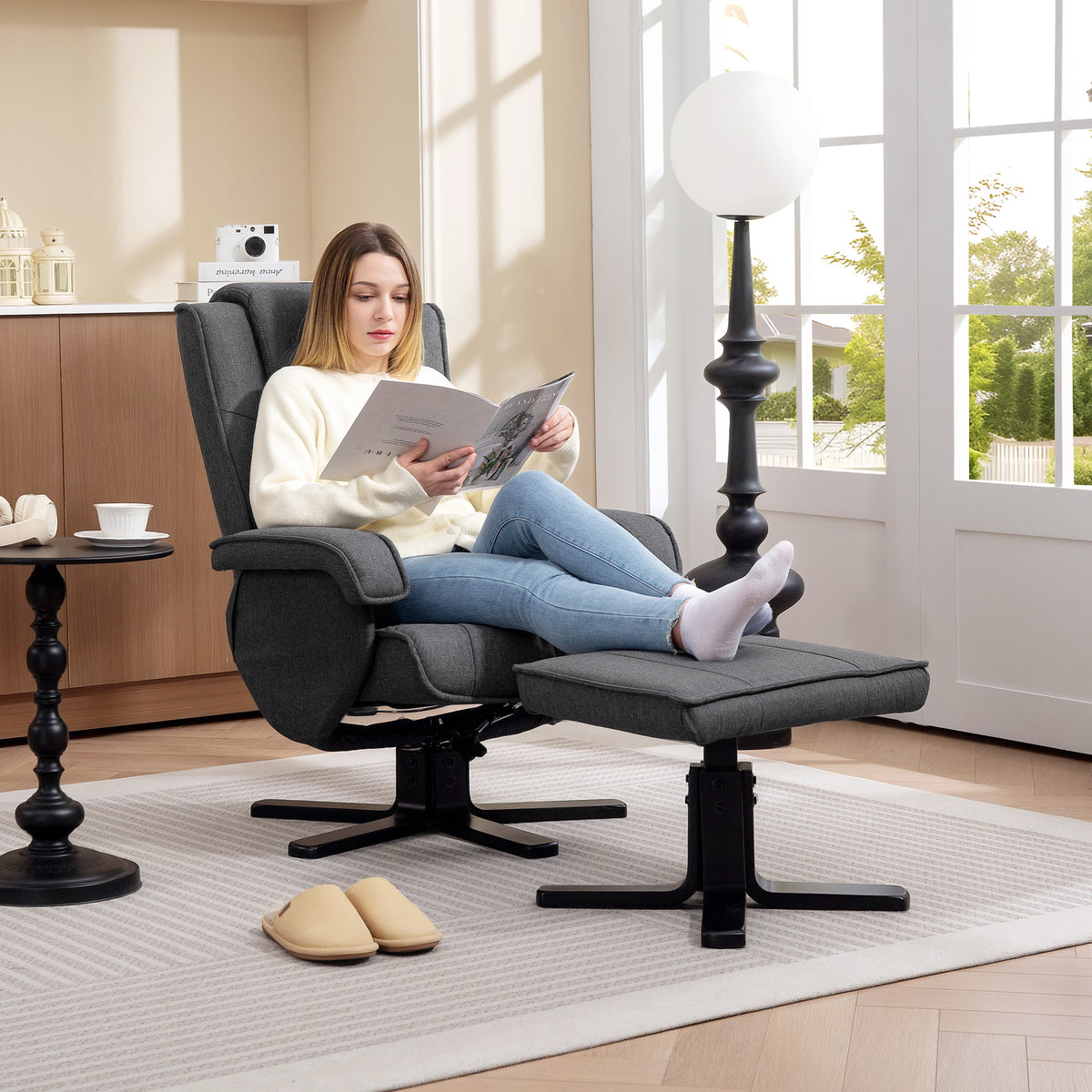 HOMCOM Rocker Swivel Recliner Chair with Footstool - Charcoal Grey Linen