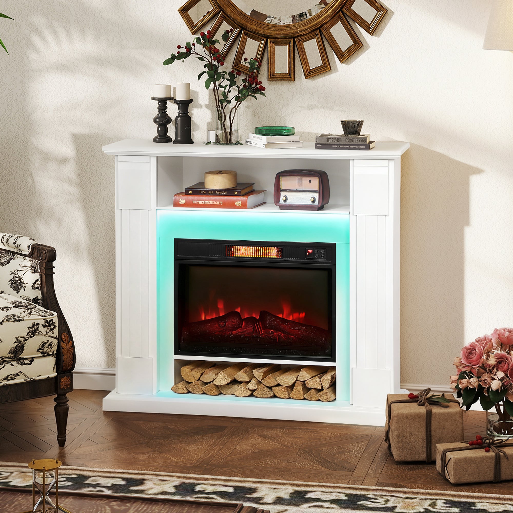 HOMCOM 6142 BTU Electric Fireplace and LED Mantel, 17-27°C - White