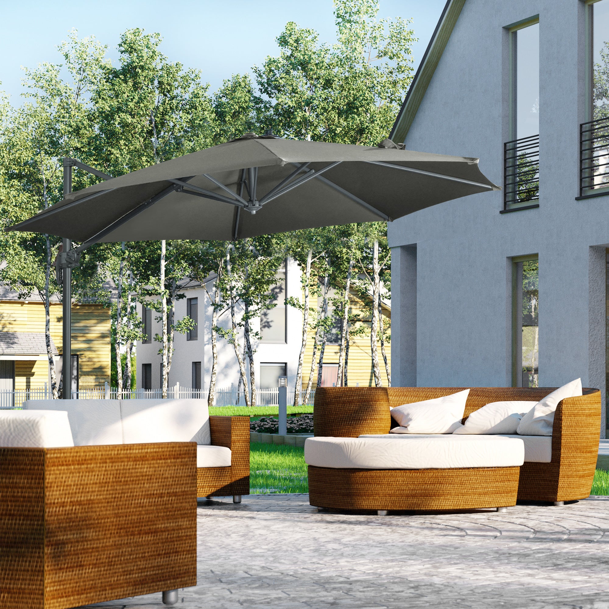 Outsunny 3 x 3(m) Cantilever Parasol with Cross Base, Garden Umbrella with 360° Rotation, Crank Handle and Tilt for Outdoor, Patio, Grey - North Peak Garden Furniture