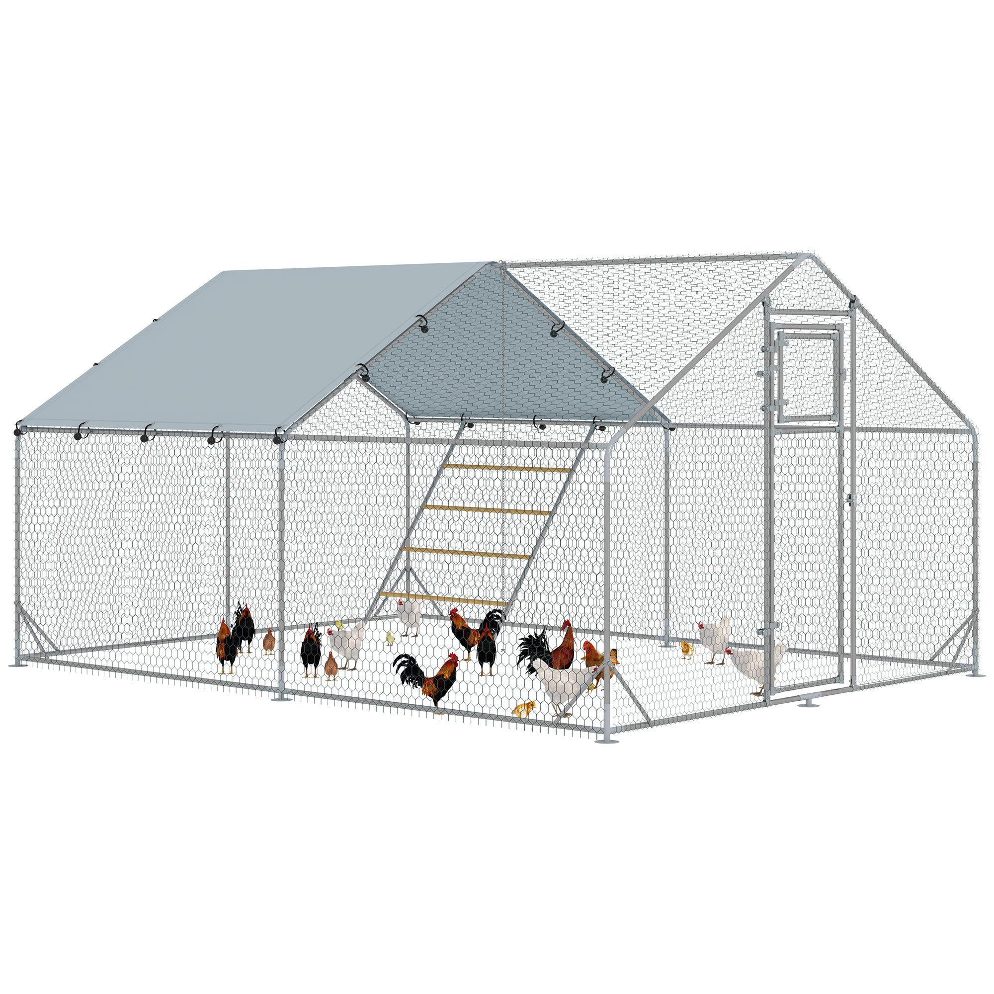 PawHut Walk in Chicken Run w/ Cover, Feeding Door, Hanging Feeder, Perch, for 12-18 Poultry - North Peak Garden Furniture