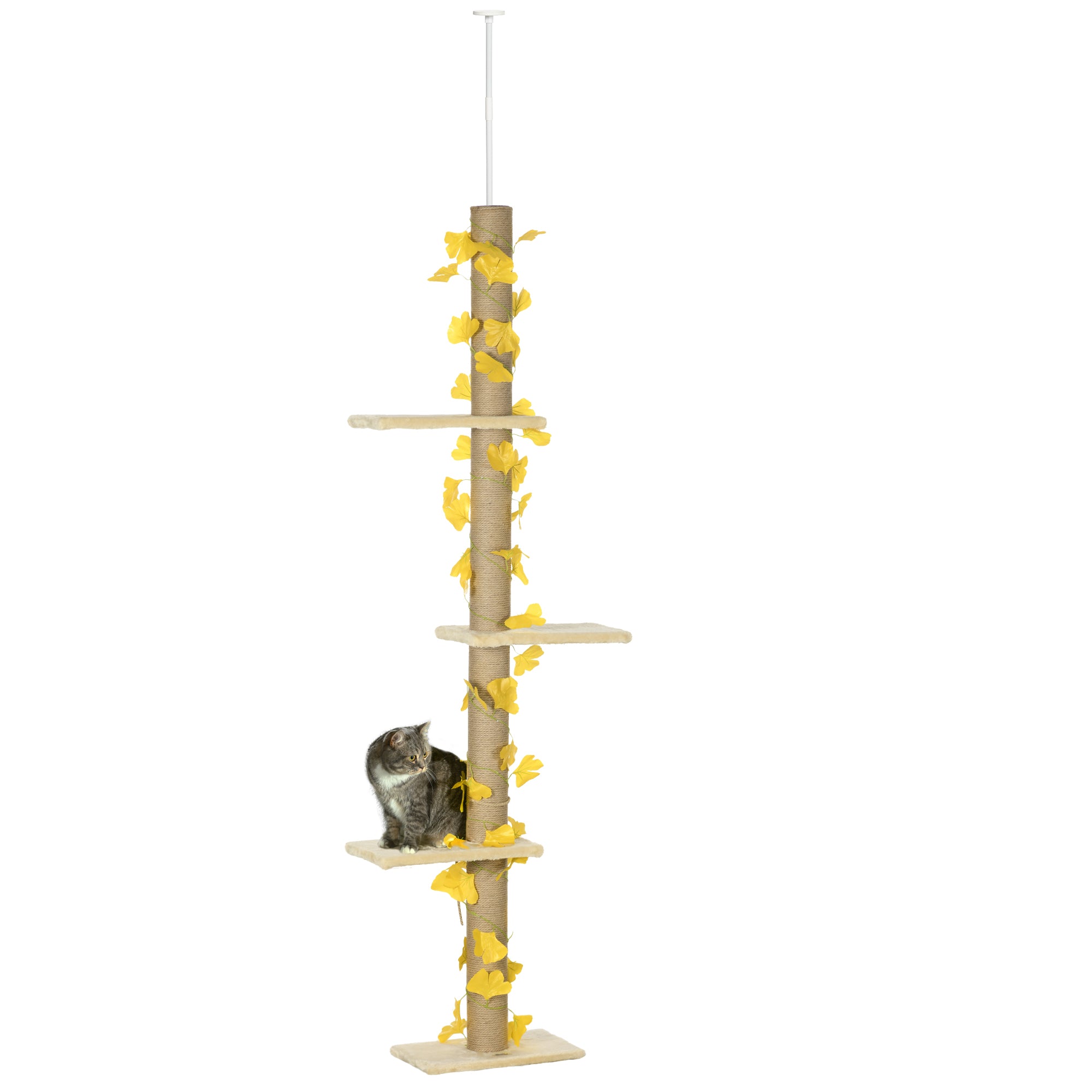 PawHut 242cm Adjustable Floor-To-Ceiling Cat Tree, with Artificial Decoration, Perches, Anti-Slip Kit - Yellow - North Peak Garden Furniture