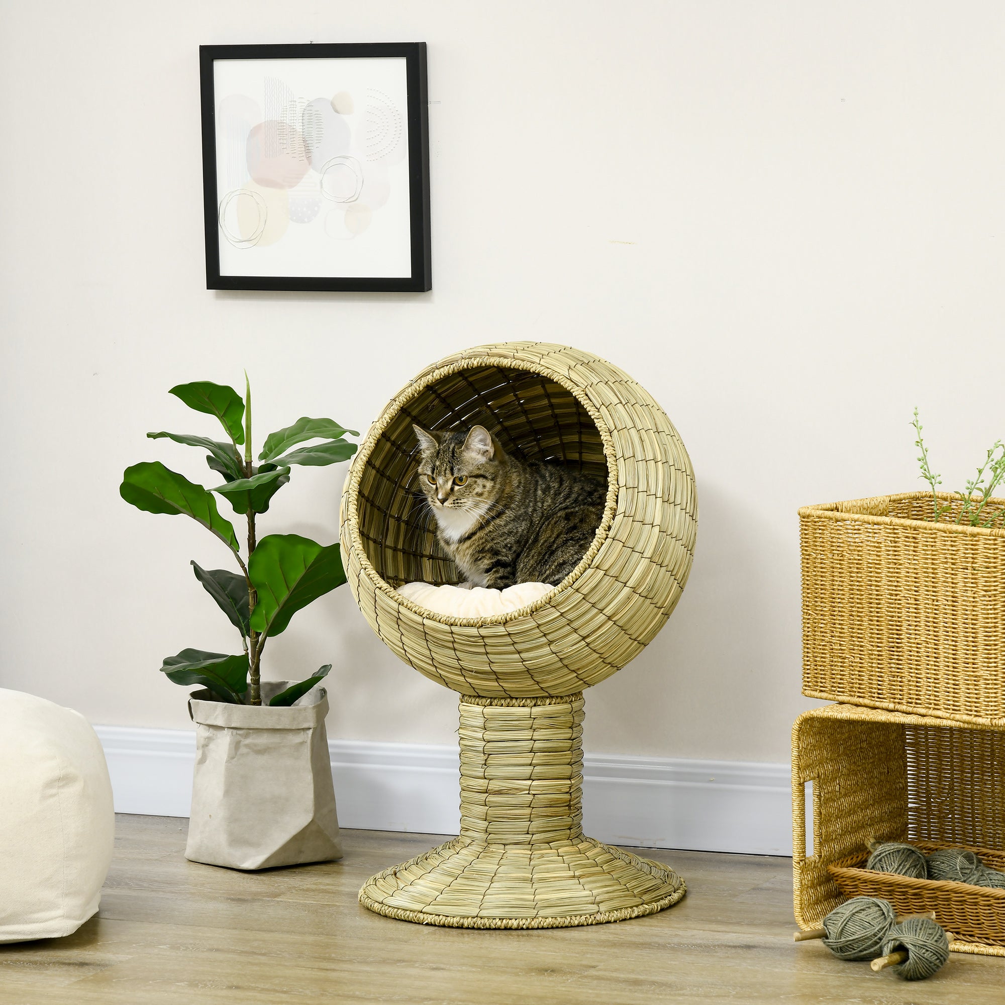 PawHut Raised Detachable Cat house, Natural Mat Grass Cat Bed, with Cushion - North Peak Garden Furniture