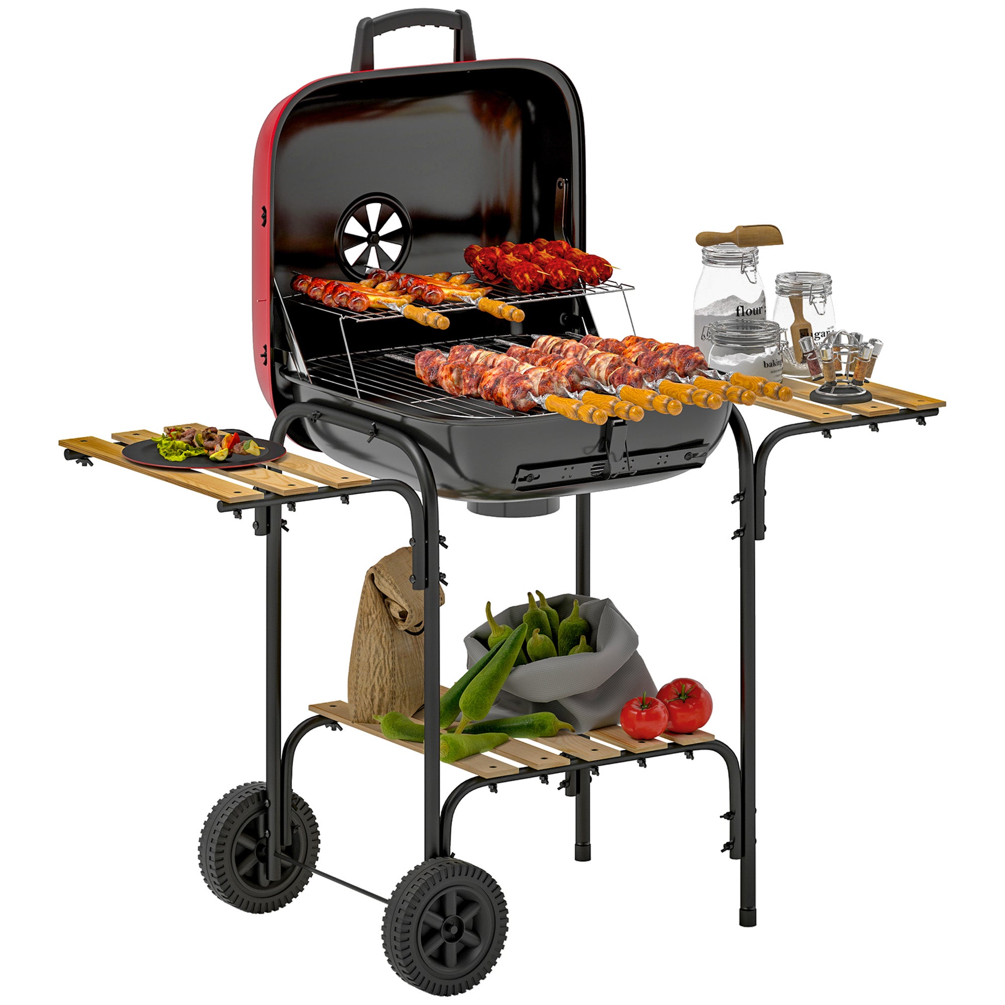 Outsunny Charcoal Barbecue Grill Portable BBQ Grill with 1840 cm² Cooking Area, 3 Shelves, Adjustable Vent, Lockable Lid, Wheels for Outdoor Cooking, Garden Party, Red - North Peak Garden Furniture