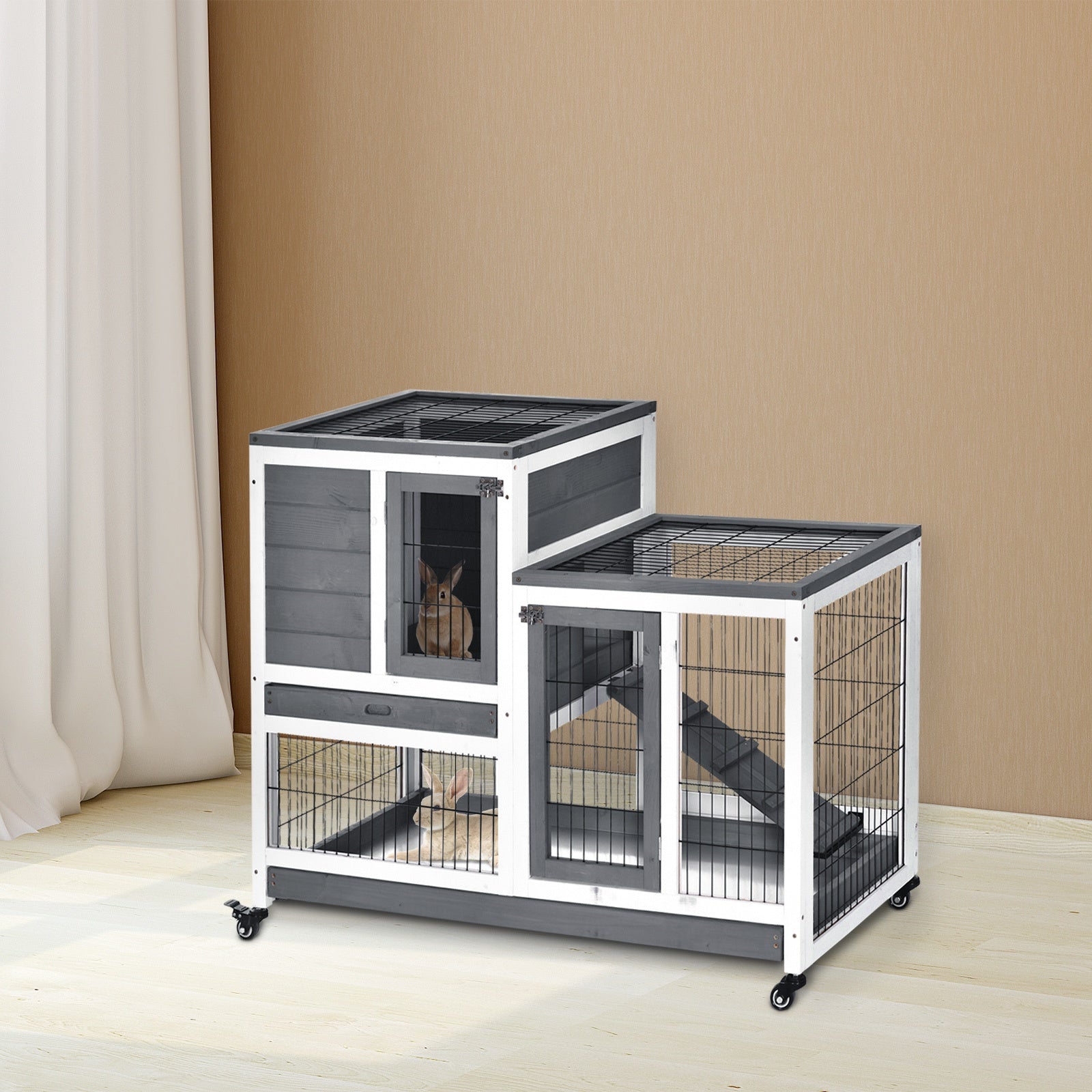 PawHut Small Animals 2-TierFir Wood Guinea Pigs Hutches Indoor Hutch Grey - North Peak Garden Furniture