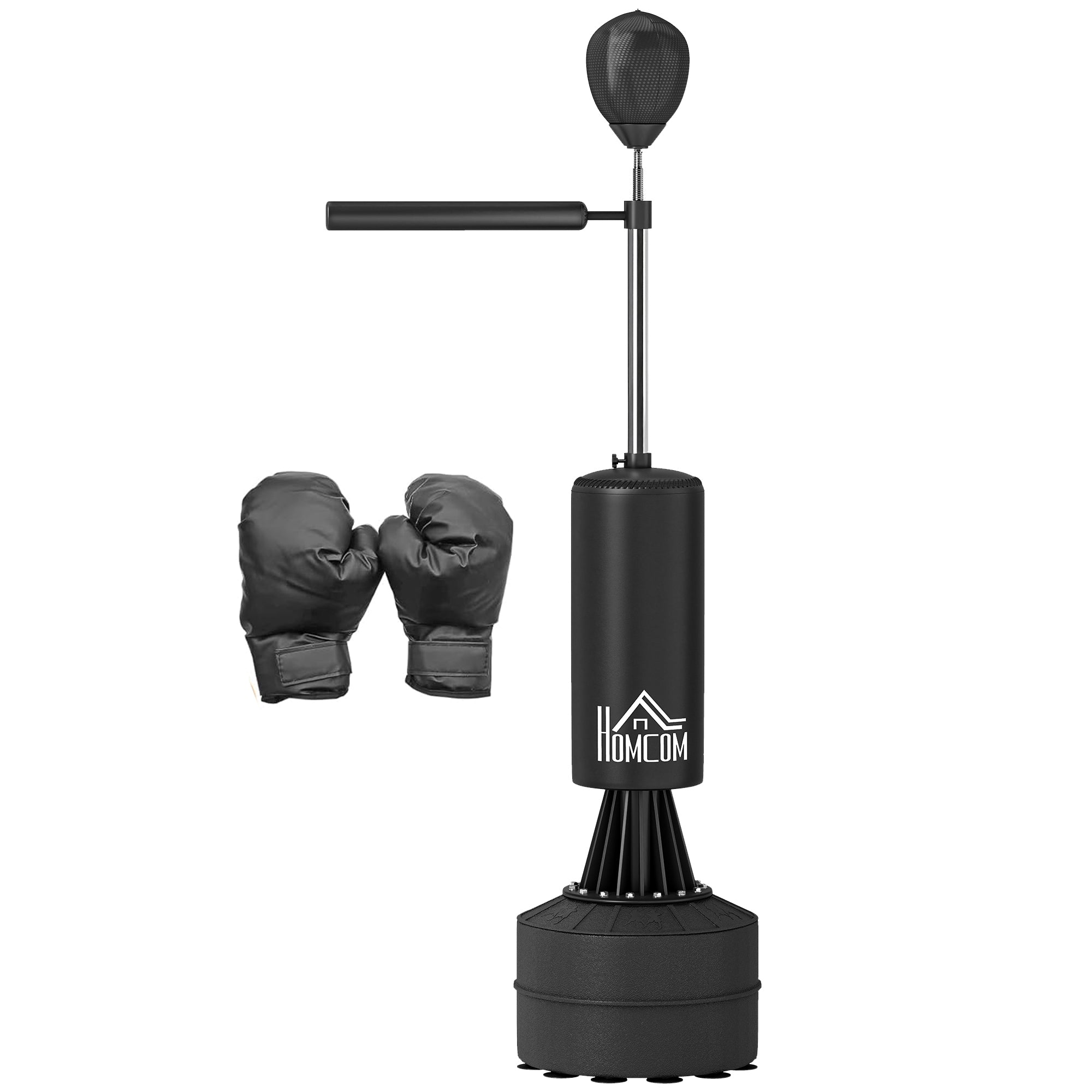 HOMCOM 155-205cm 3-IN-1 Freestanding Boxing Punching Bag Stand, Boxing Speed Trainer with Rotating Flexible Arm, Speed Ball, Fillable Base, Black - North Peak Garden Furniture