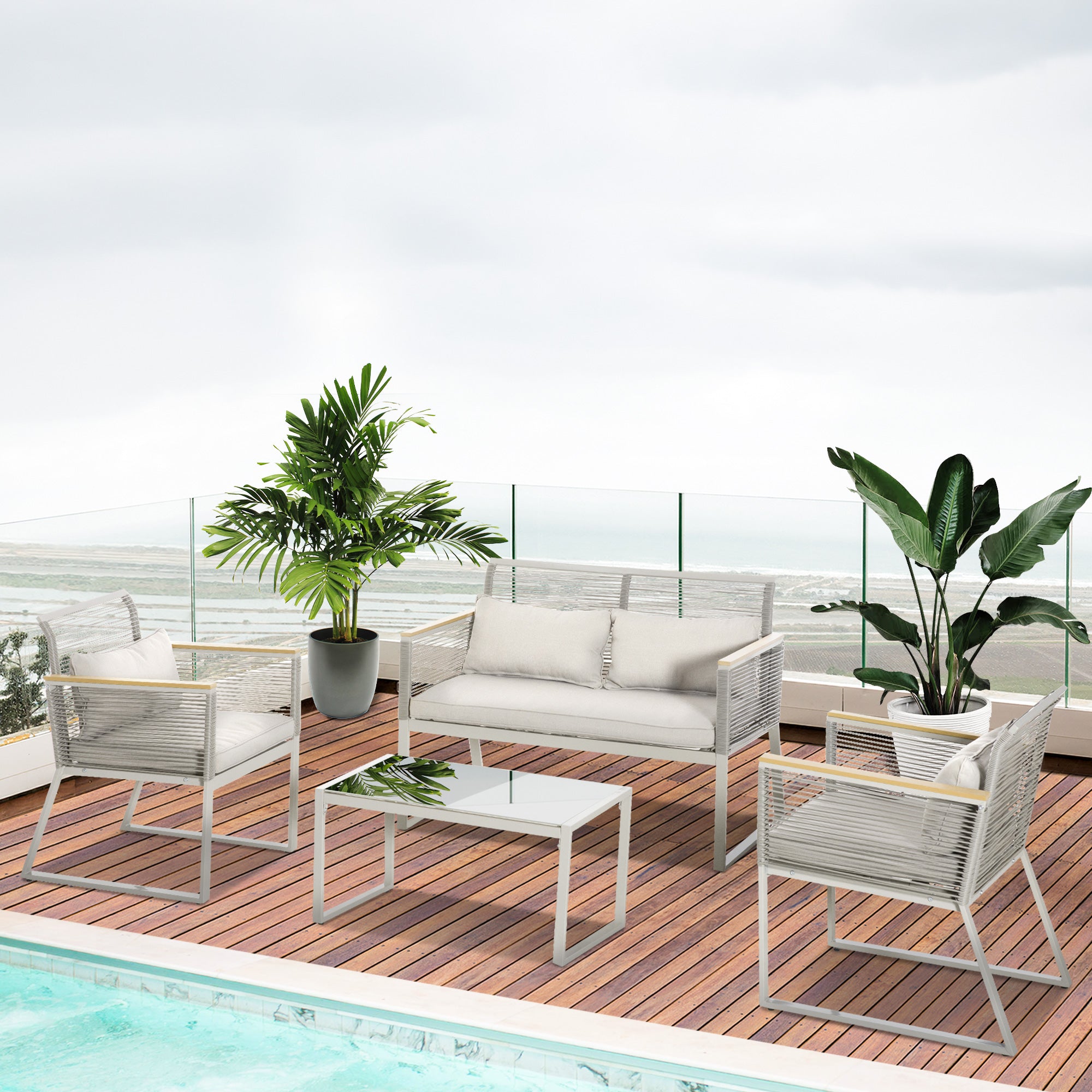 Outsunny 4 Pieces Patio Wicker Sofa Set, Outdoor Metal Frame Wrapped Round PE Rattan Conservatory Furniture, w/ Cushions, Pillows & Tempered Glass Table for Backyard, Garden, Grey
