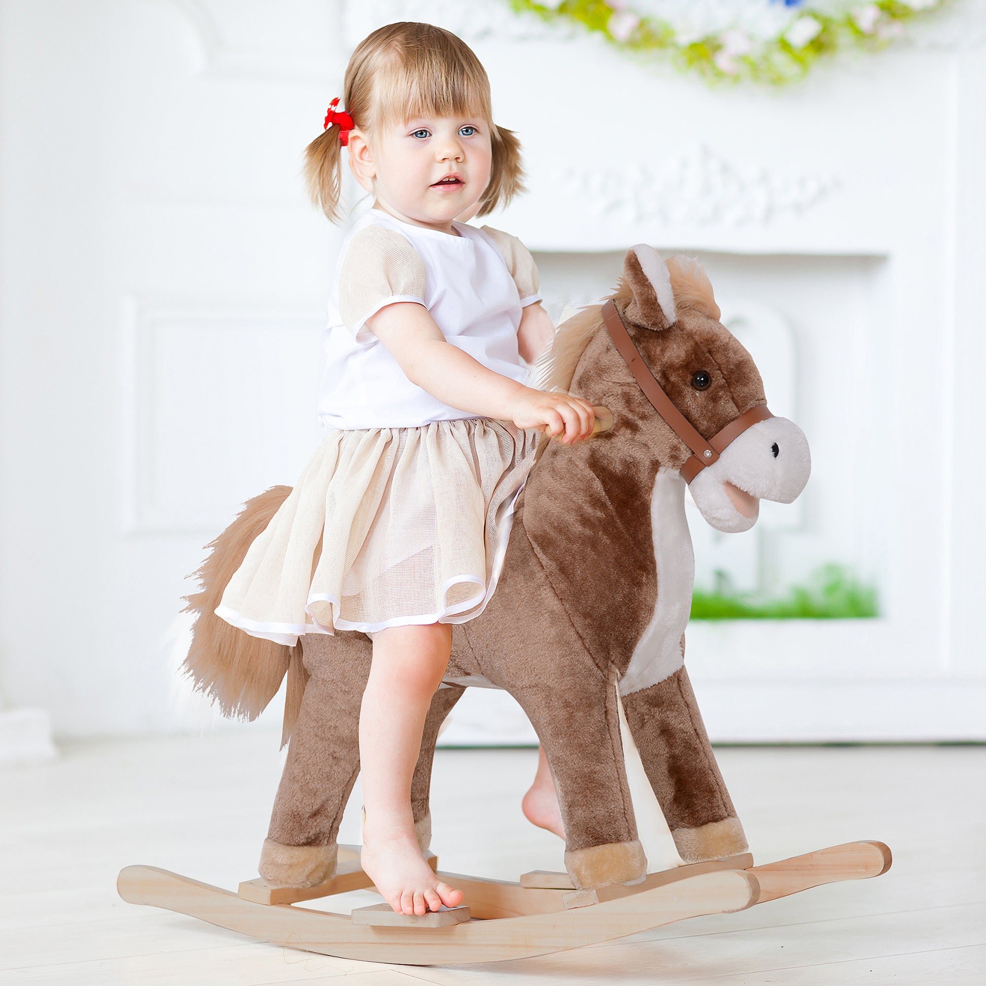HOMCOM Kids Children Plush Rocking Horse Wooden Base Ride On Toy Rocker with Handle Grip Traditional Toy Fun Gift for Age 3+ (Brown & White) - North Peak Garden Furniture