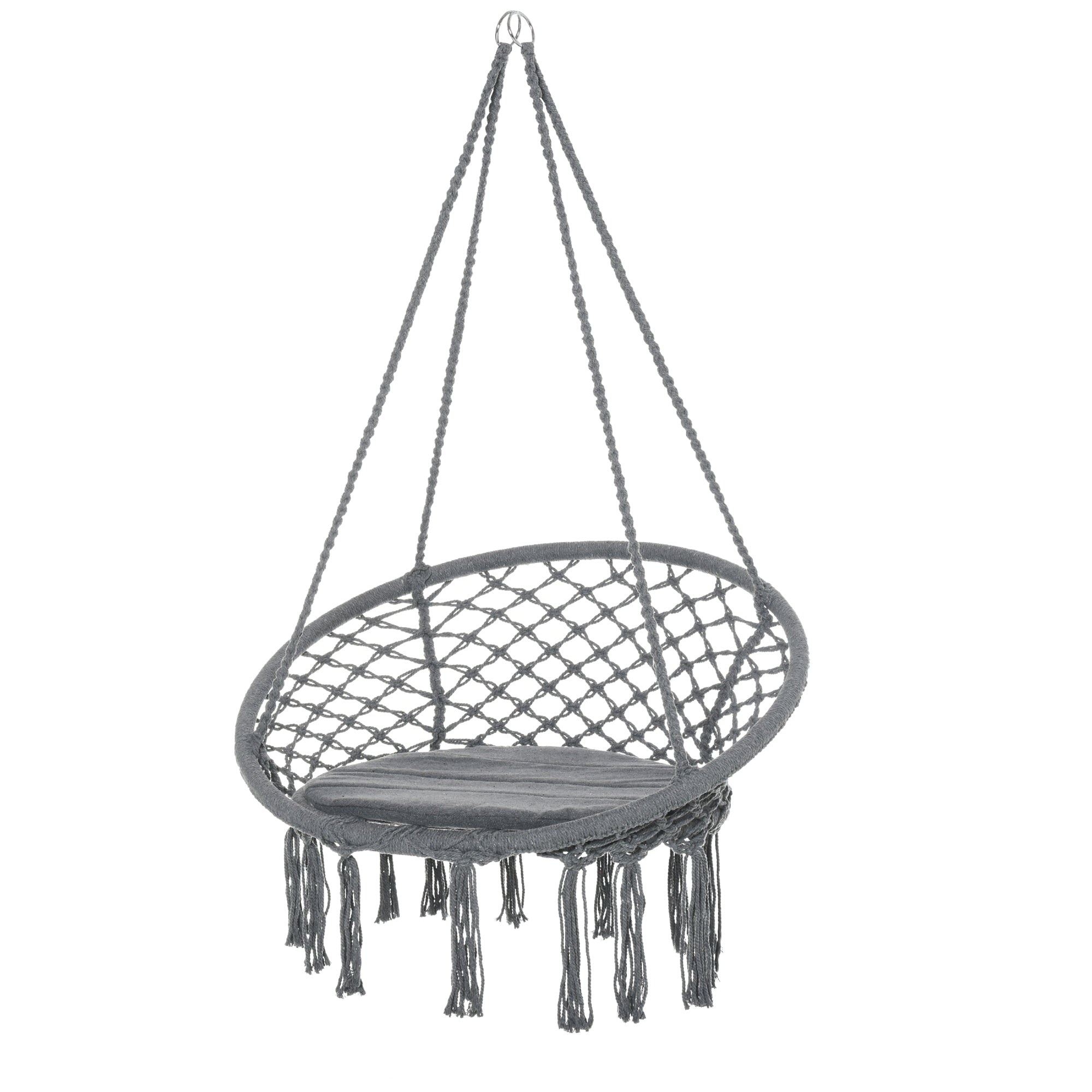 Outsunny Outdoor Cotton-Polyester Blend Macrame Hanging Rope Chair with Cushion, Portable Garden Chair with Fringe Tassels for Patio, Deck, Tree, Grey - North Peak Garden Furniture