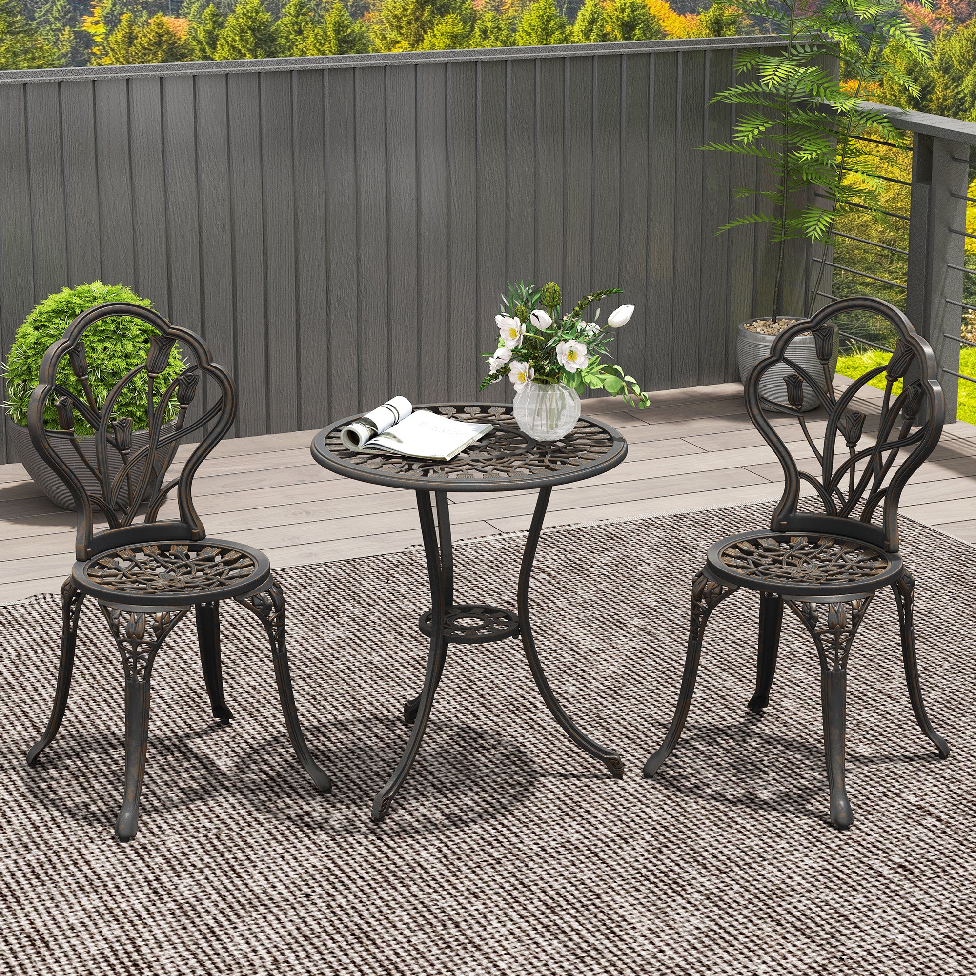 Outsunny 3 Piece Patio Bistro Set for 2, Outdoor Aluminium Garden Table and Chairs with Umbrella Hole for Balcony, Bronze Tone - North Peak Garden Furniture