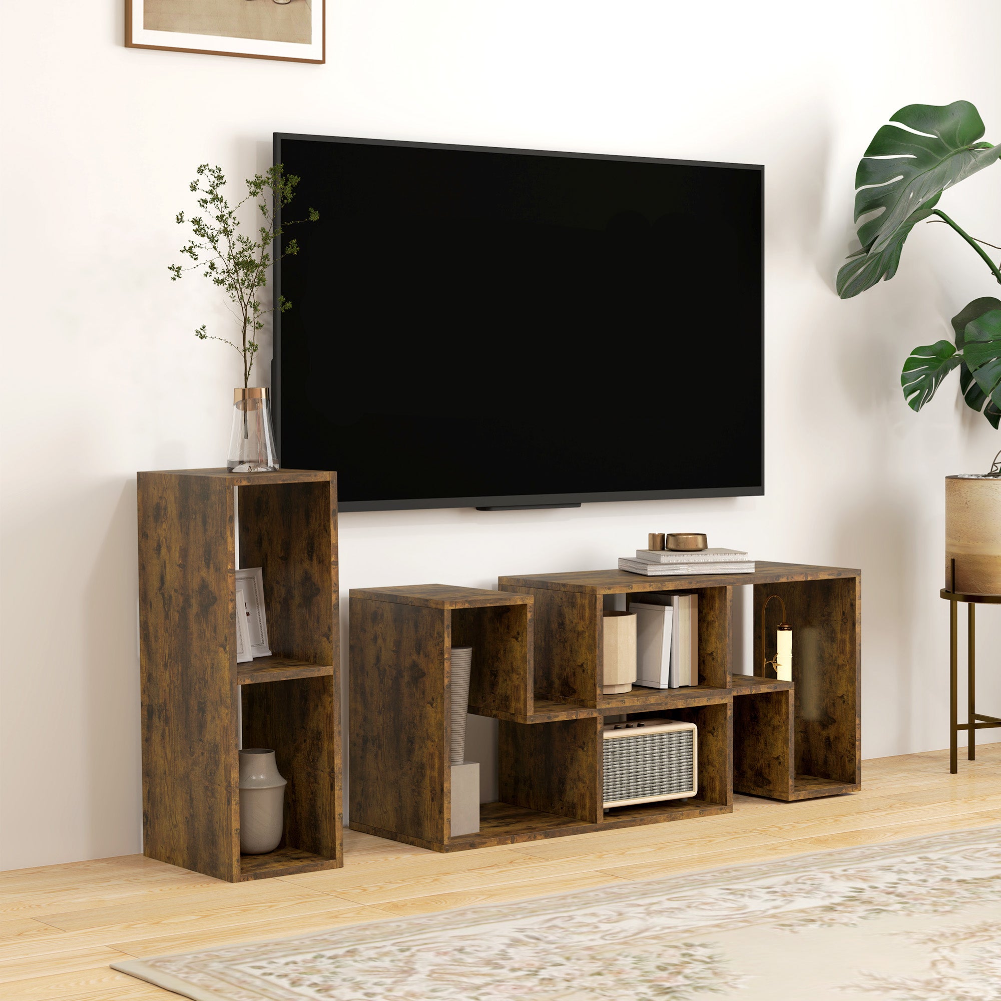 HOMCOM TV Stand for TVs up to 75 Inches, Free Combination TV Unit with Storage Shelves, Extendable Entertainment Centre for Living Room, Rustic Brown - North Peak Garden Furniture