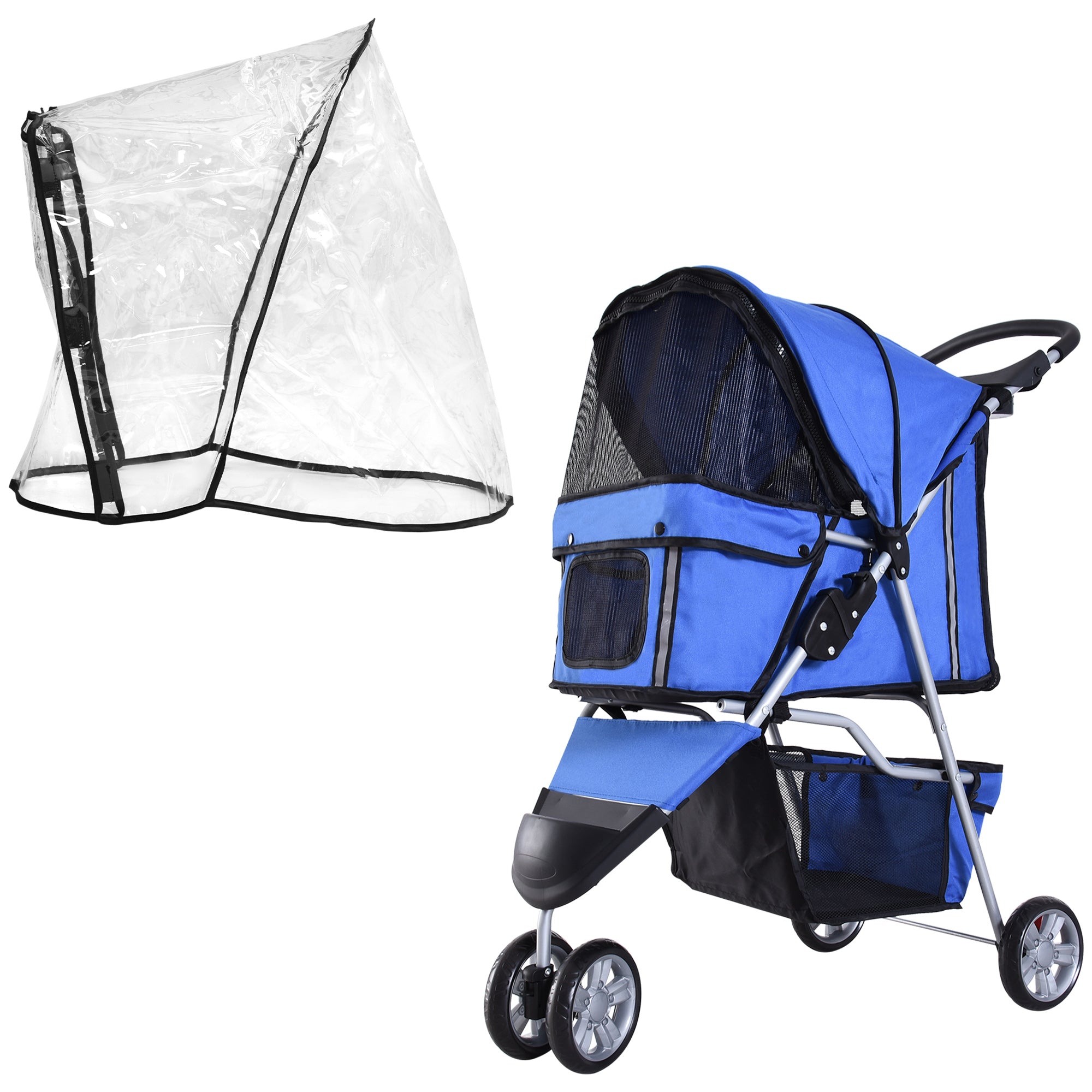 PawHut Dog Stroller with Cover for Small Miniature Dogs, Folding Cat Pram Dog Pushchair with Cup Holder, Storage Basket, Reflective Strips, Blue - North Peak Garden Furniture