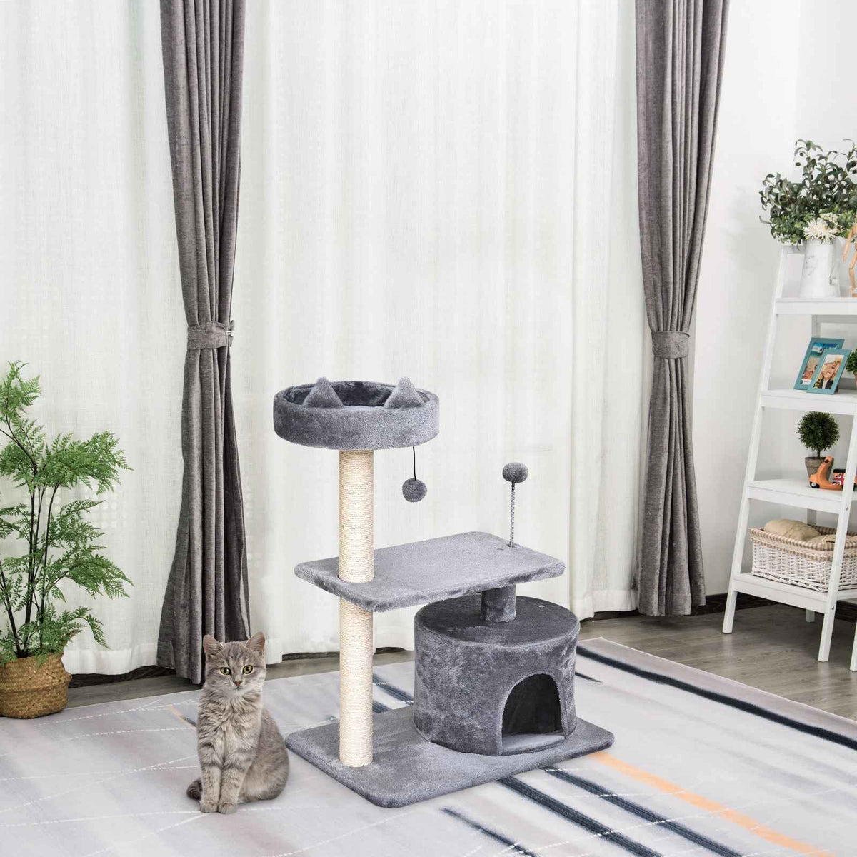 PawHut Multi Level Cat Tree for Indoor Cats with Scratching Post Bed Condo Perch, Kitten Climbing Tower, Grey 60L x 40W x 81H cm
