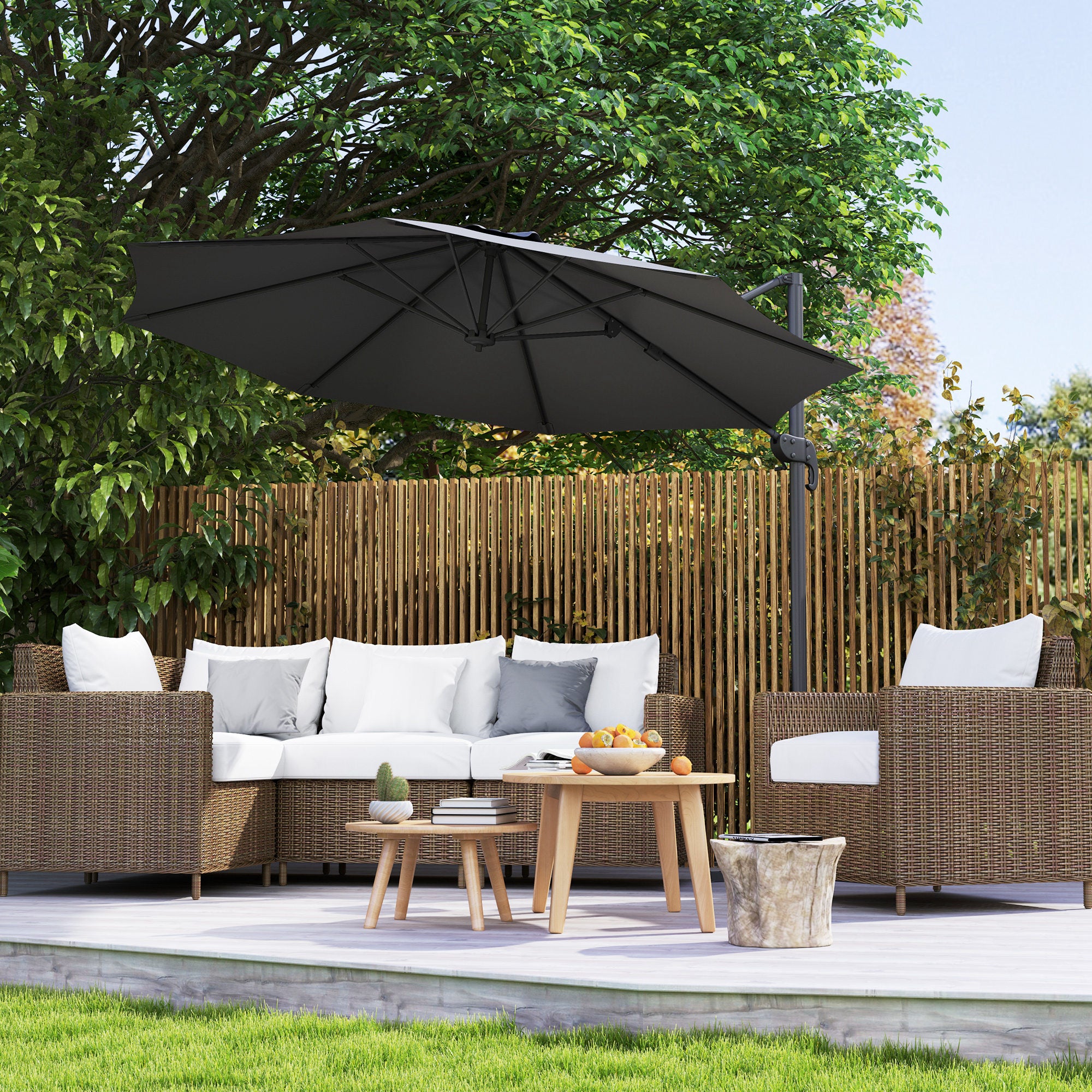 Outsunny 3 x 3(m) Cantilever Parasol with Cross Base, Garden Umbrella with 360° Rotation, Crank Handle and Tilt for Outdoor, Black - North Peak Garden Furniture