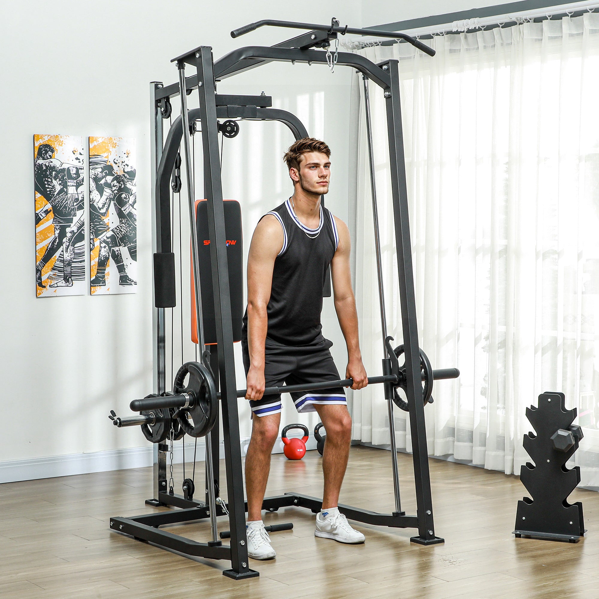 SPORTNOW 3-in-1 Smith Machine with Dual Cable Pulley System, Chest Press Station, 17-Level Squat Rack and Barbell Bar